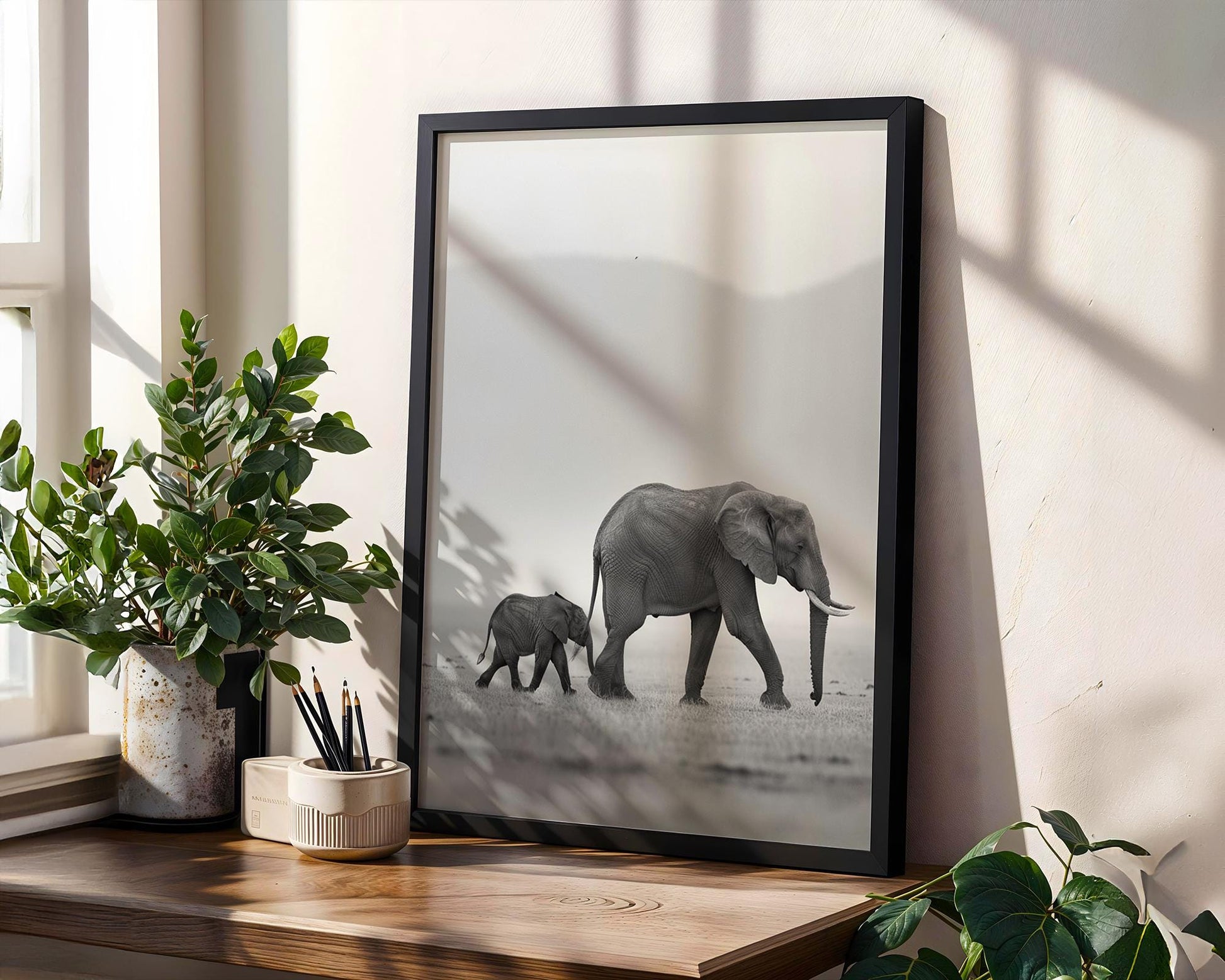 Wildlife Poster | Elephant Calf Art Print • Black & White Safari Photography wall art print, minimalist black and white poster, modern Scandinavian wall decor, Monohaus