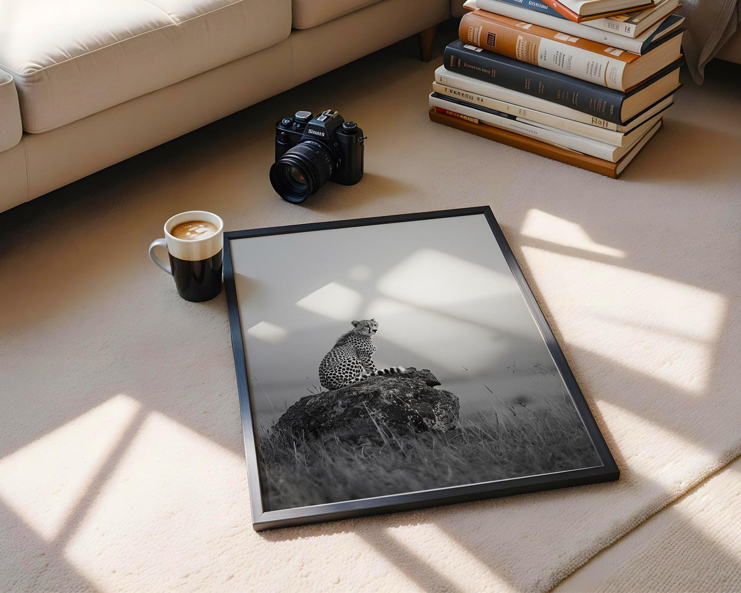 Wildlife Poster | Cheetah on Rock Print | Minimalist Safari Photography wall art print, minimalist black and white poster, modern Scandinavian wall decor, Monohaus