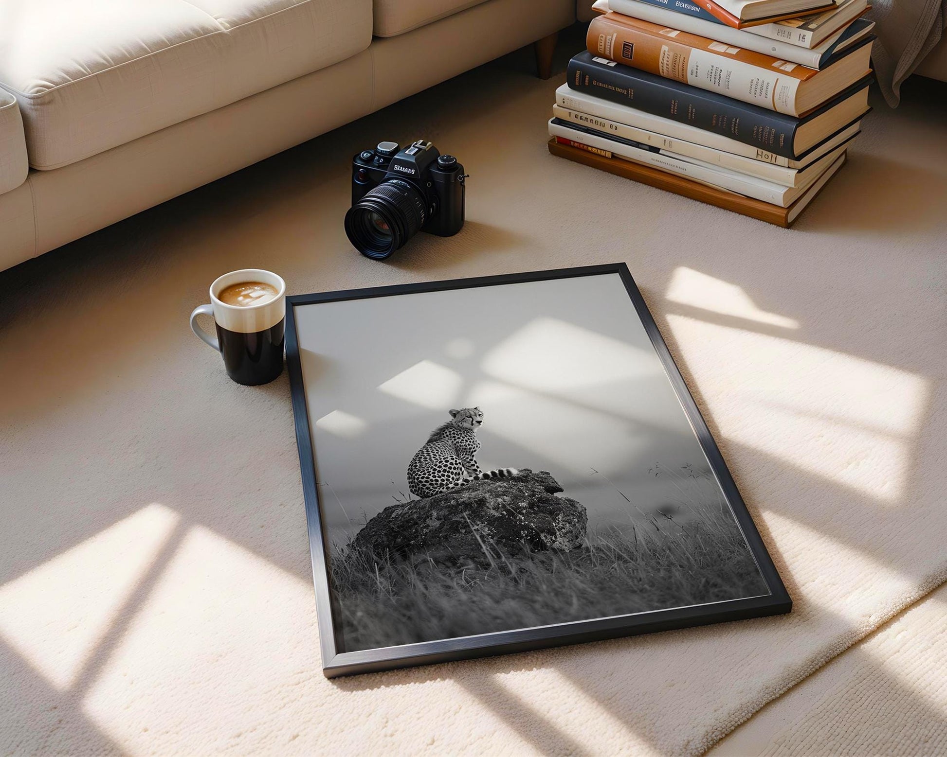 Wildlife Poster | Cheetah on Rock Print | Minimalist Safari Photography wall art print, minimalist black and white poster, modern Scandinavian wall decor, Monohaus