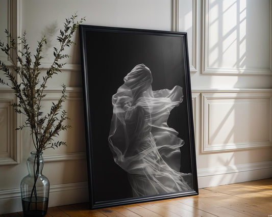 Minimal Wall Art Veiled Figure Art Print | Ethereal Photography, Dark Modern Decor wall art print, minimalist black and white poster, modern Scandinavian wall decor, Monohaus