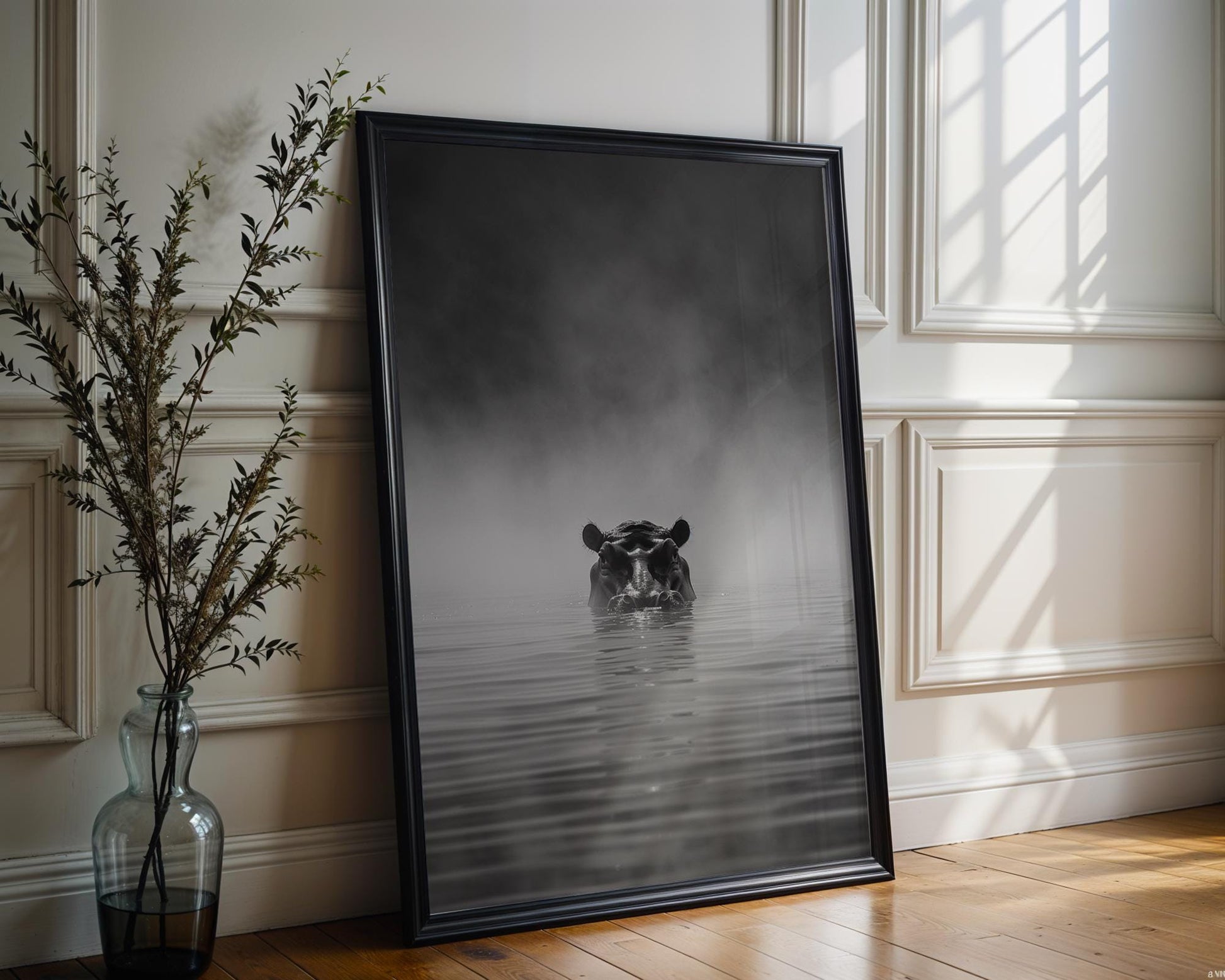 Wildlife Poster | Hippo in Mist Art Print | Minimalist Black & White Photography wall art print, minimalist black and white poster, modern Scandinavian wall decor, Monohaus