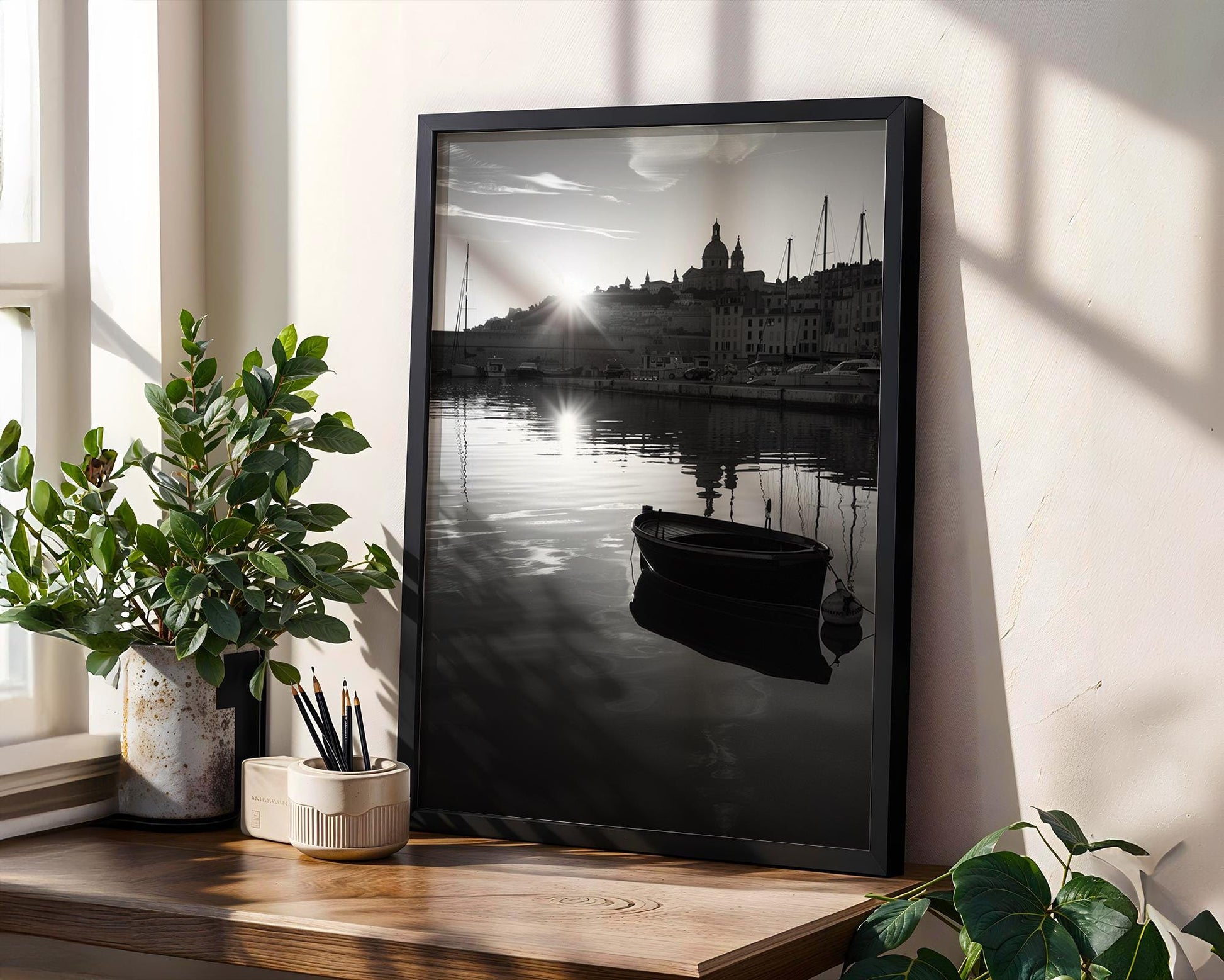 World Landmark | Marseille Harbour Print | Sunrise, French Coastline Photography wall art print, minimalist black and white poster, modern Scandinavian wall decor, Monohaus