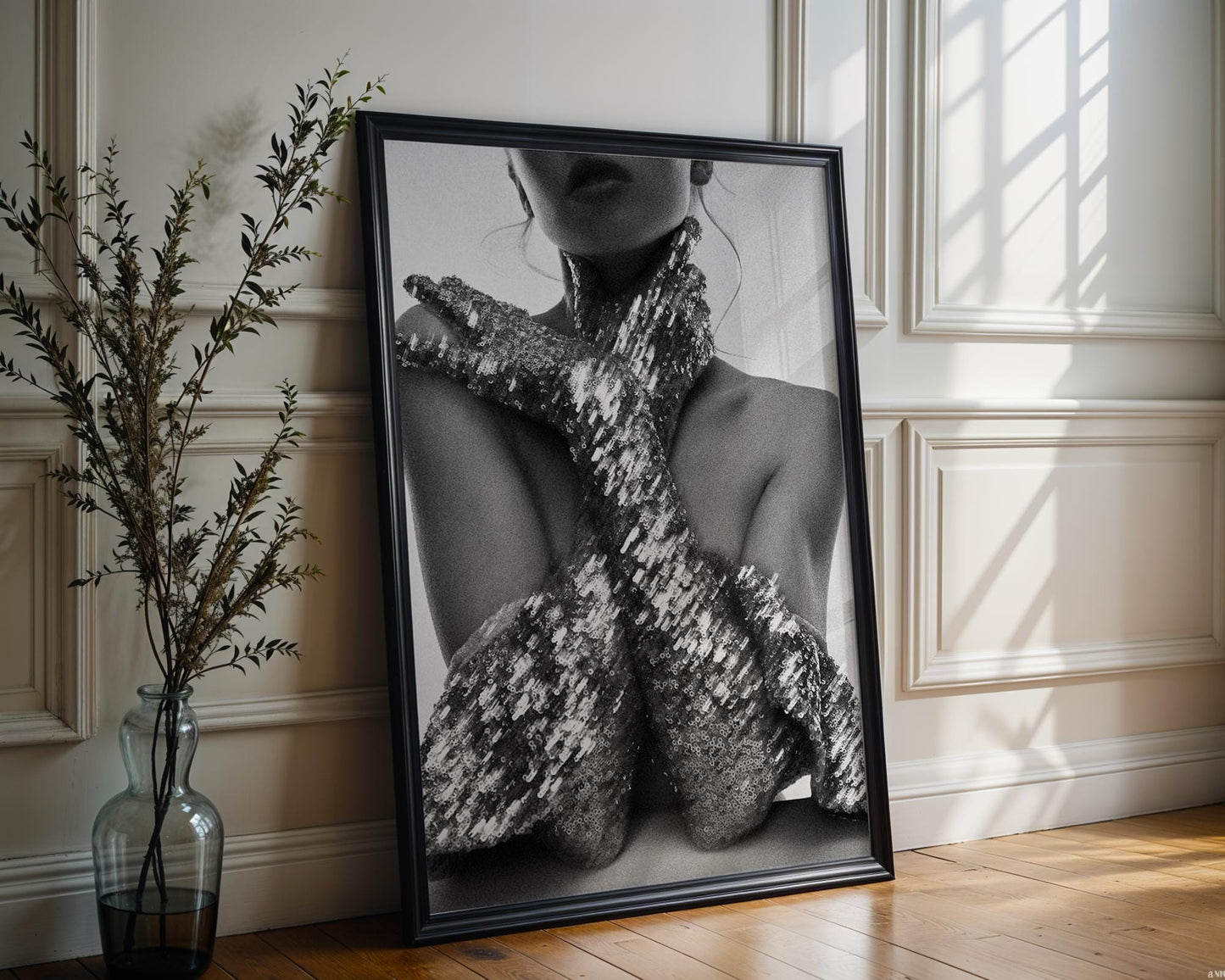 Designer Wall Art | Sequin Gloves Glam Fashion Print | Black and White Bedroom Decor wall art print, minimalist black and white poster, modern Scandinavian wall decor, Monohaus