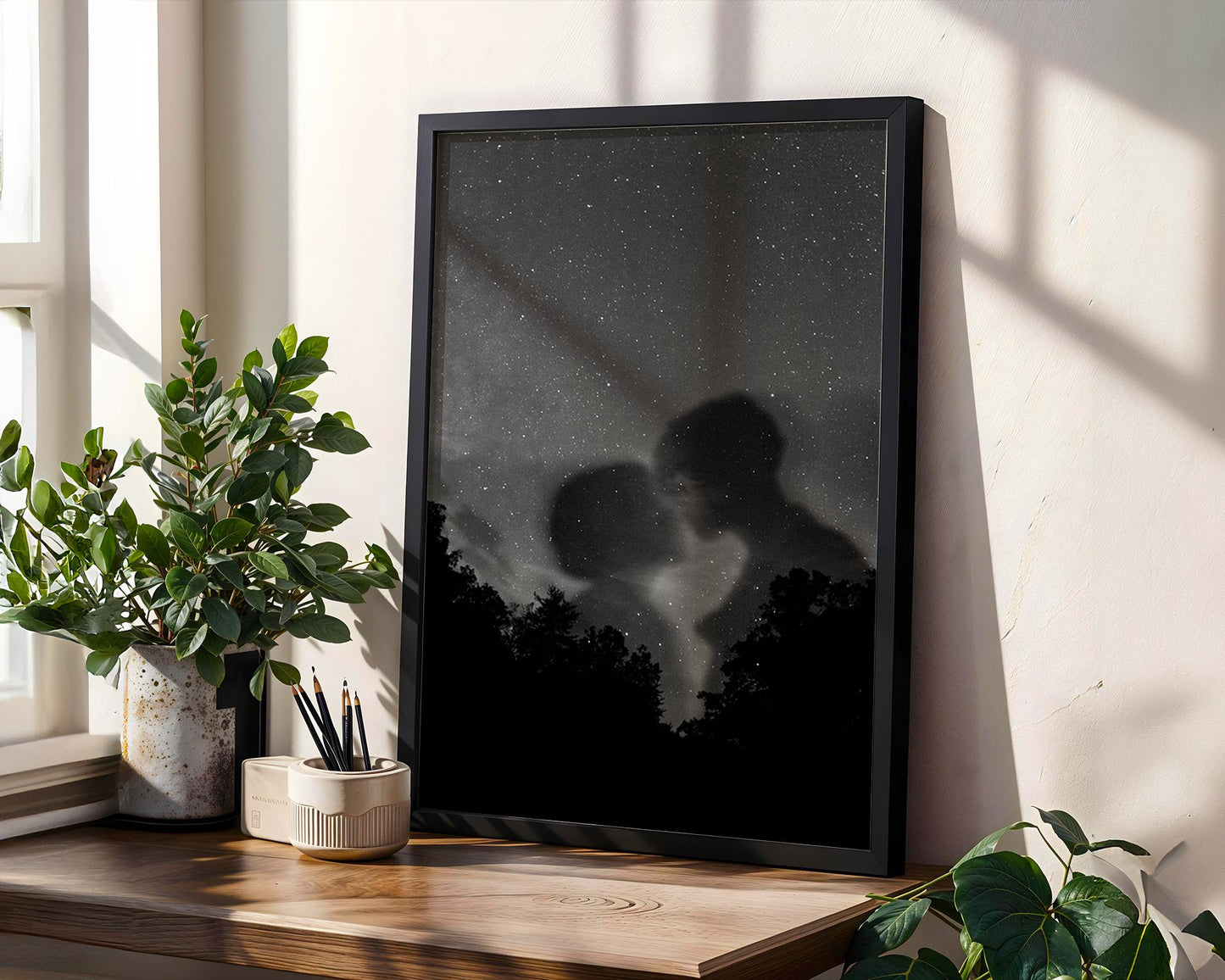 Designer Wall Art | Starry Night Lovers Print | Minimalist Black and White Photography wall art print, minimalist black and white poster, modern Scandinavian wall decor, Monohaus