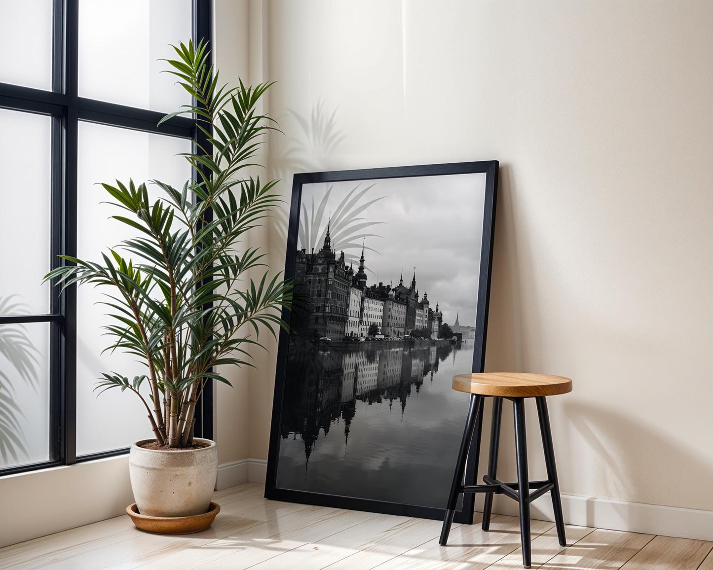 World Landmark | Stockholm Waterfront Print | Black and White Photography, Nordic Architecture wall art print, black and white architectural poster, minimalist modern Scandinavian wall decor, Monohaus