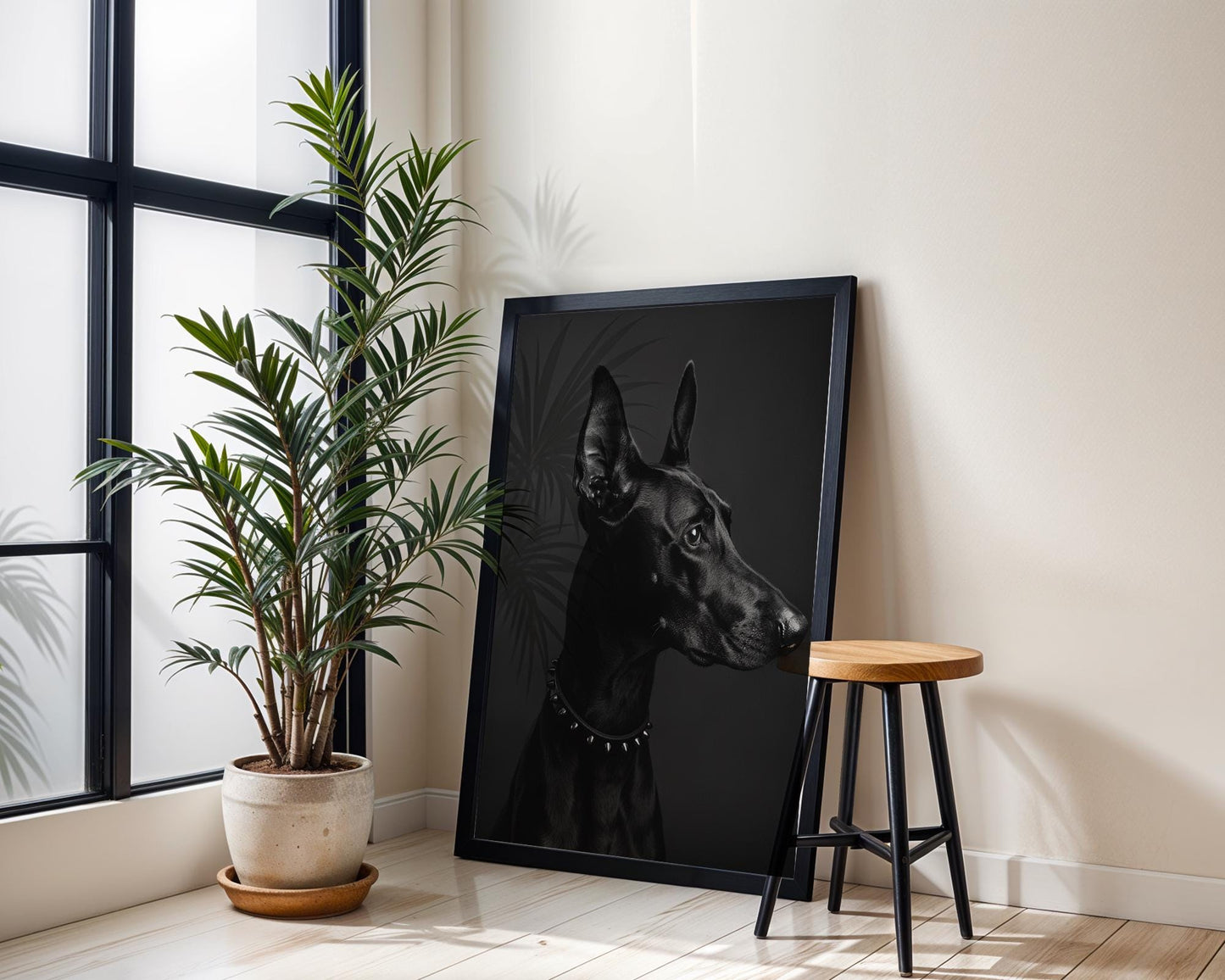 Dog Photography Edgy Doberman Print | Spiked Collar Pet Portrait, Modern Poster wall art print, minimalist black and white poster, modern Scandinavian wall decor, Monohaus