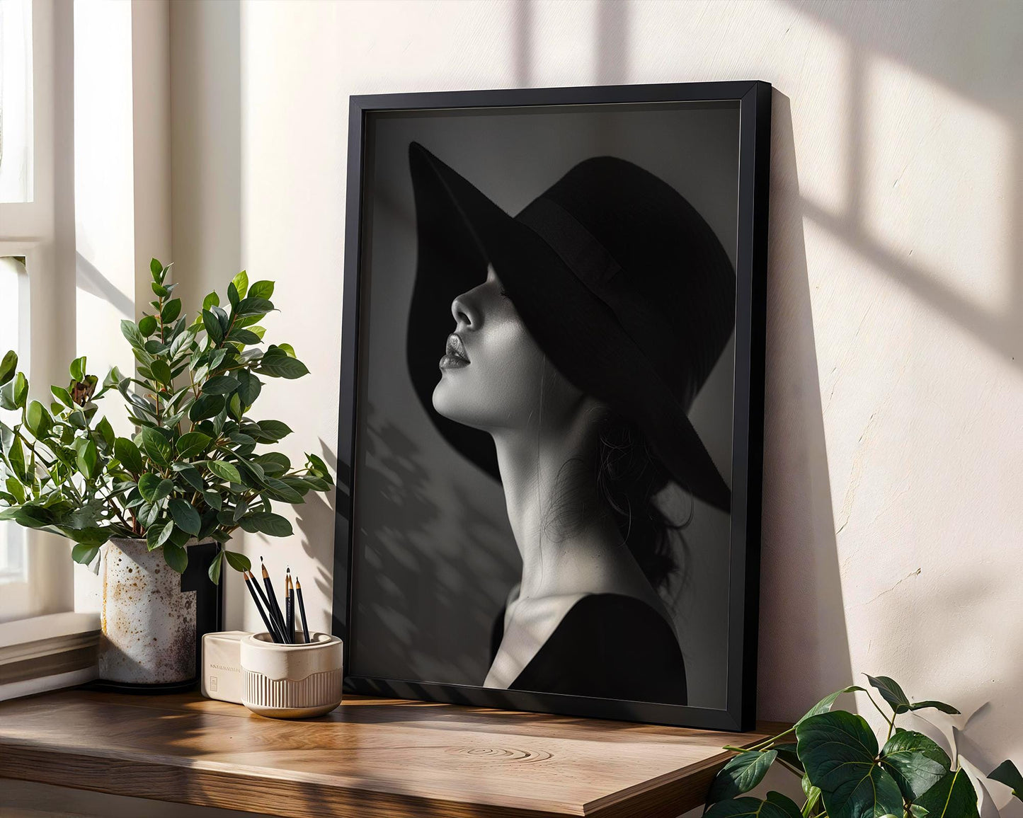 Minimal Wall Art Glamorous Woman in Hat Print | Chic Minimalist Fashion Poster wall art print, minimalist black and white poster, modern Scandinavian wall decor, Monohaus