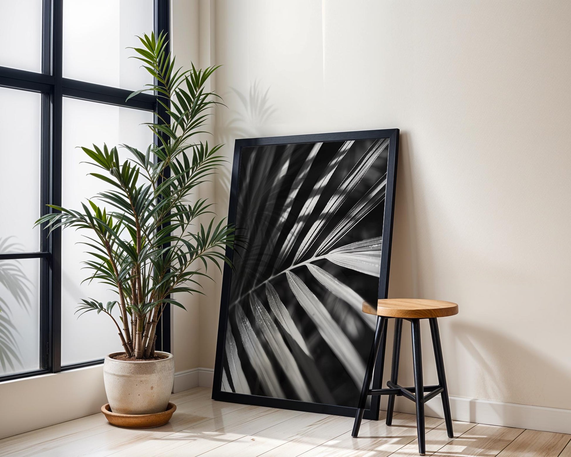 Botanical Photo | Palm Leaf Art Print | Monochrome Tropical Wall Decor wall art print, minimalist black and white poster, modern Scandinavian wall decor, Monohaus