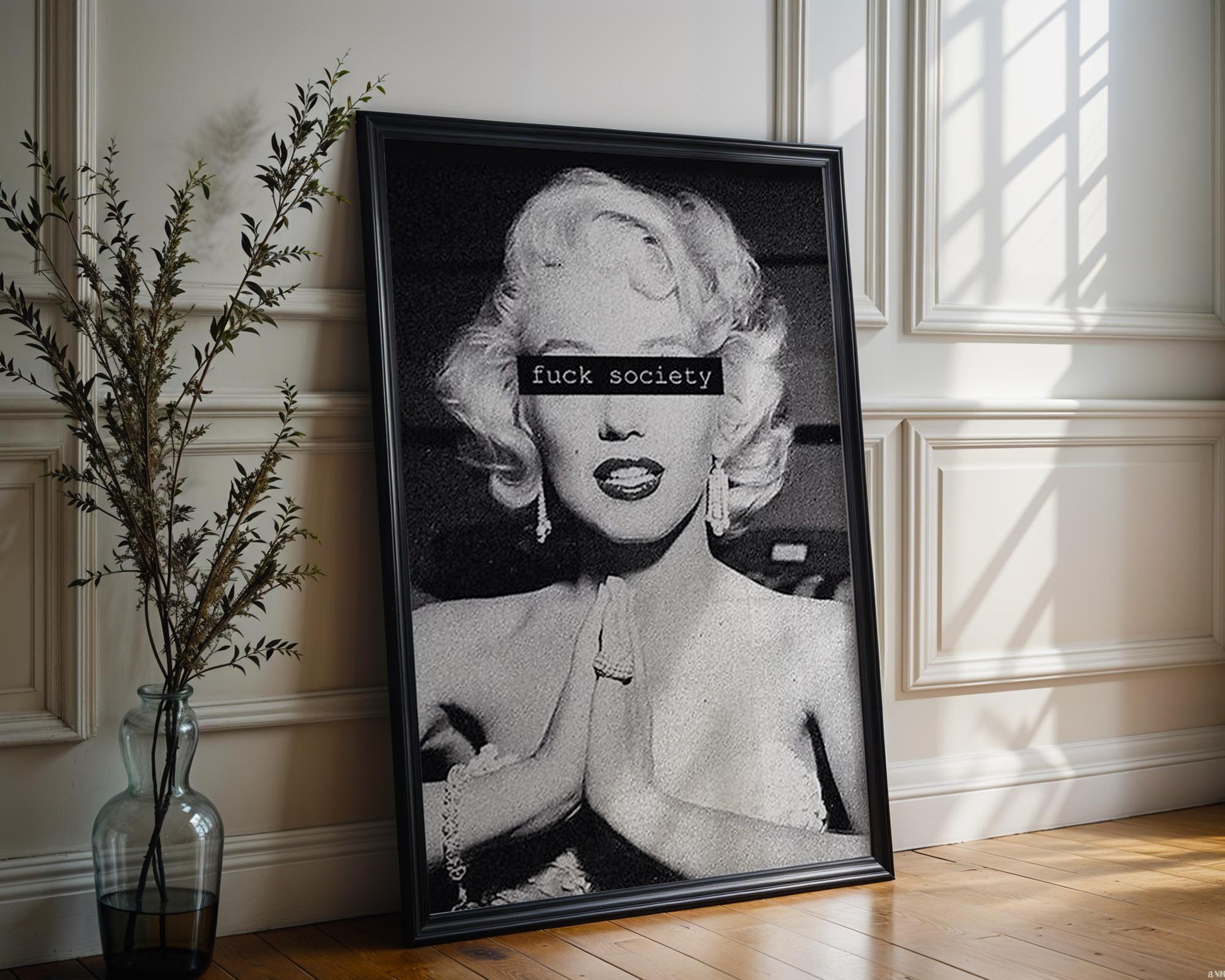 Designer Wall Art | Monochrome Monroe Portrait Print | Bold Censored Text, Pop Art Poster wall art print, minimalist black and white poster, modern Scandinavian wall decor, Monohaus