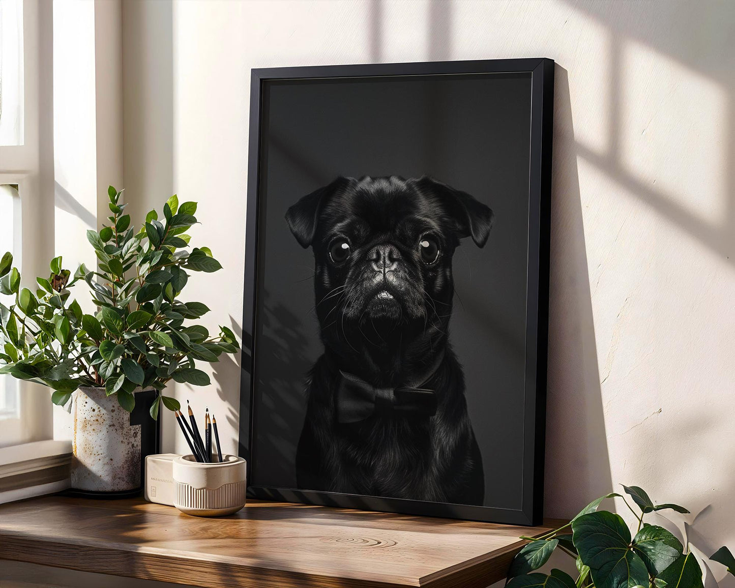 Dog Photography Pug with Bow Tie Portrait | Minimalist Black and White Pet Print wall art print, minimalist black and white poster, modern Scandinavian wall decor, Monohaus