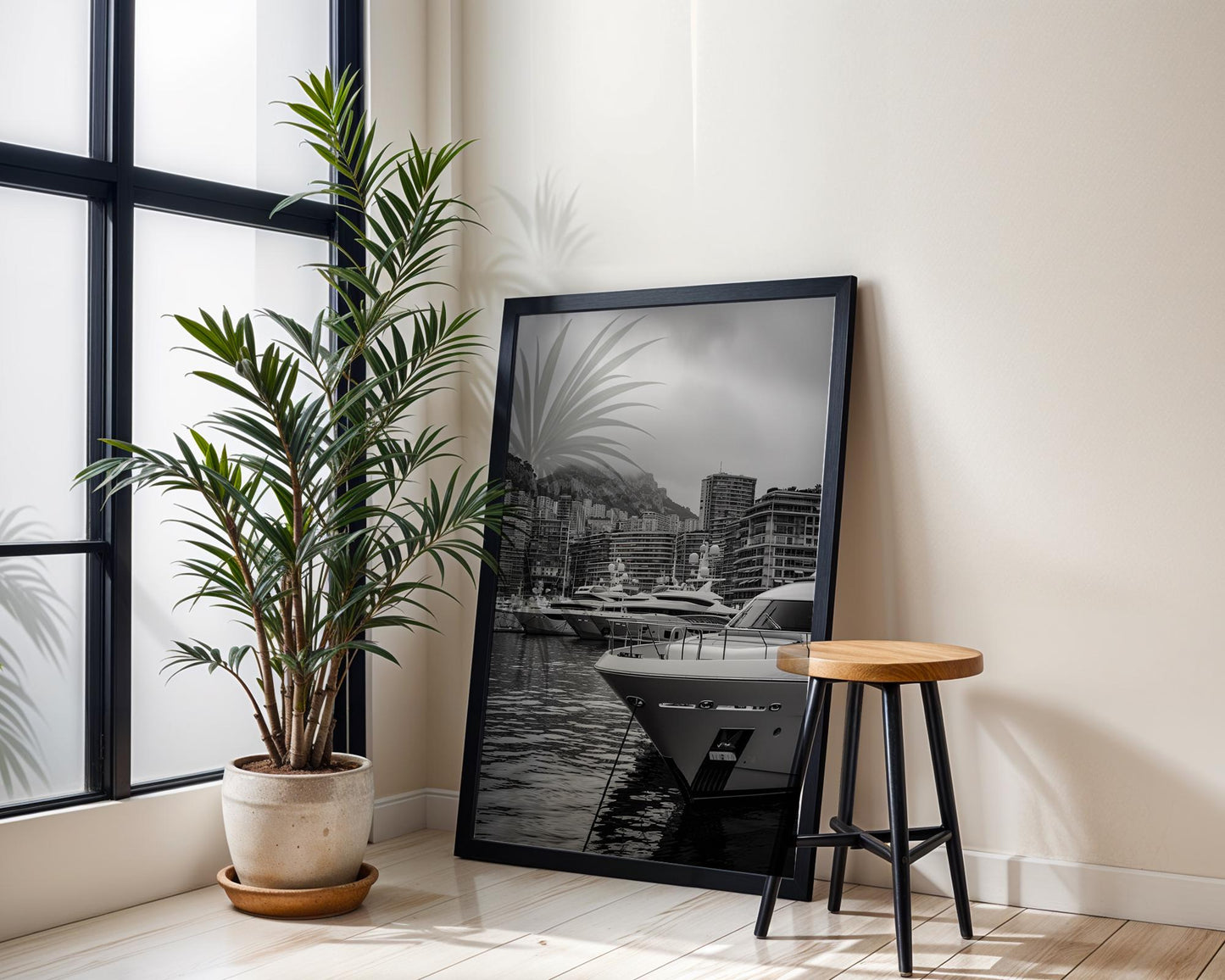 World Landmark | Monaco Harbor Black and White Photography Print | Modern Yacht Marina Art