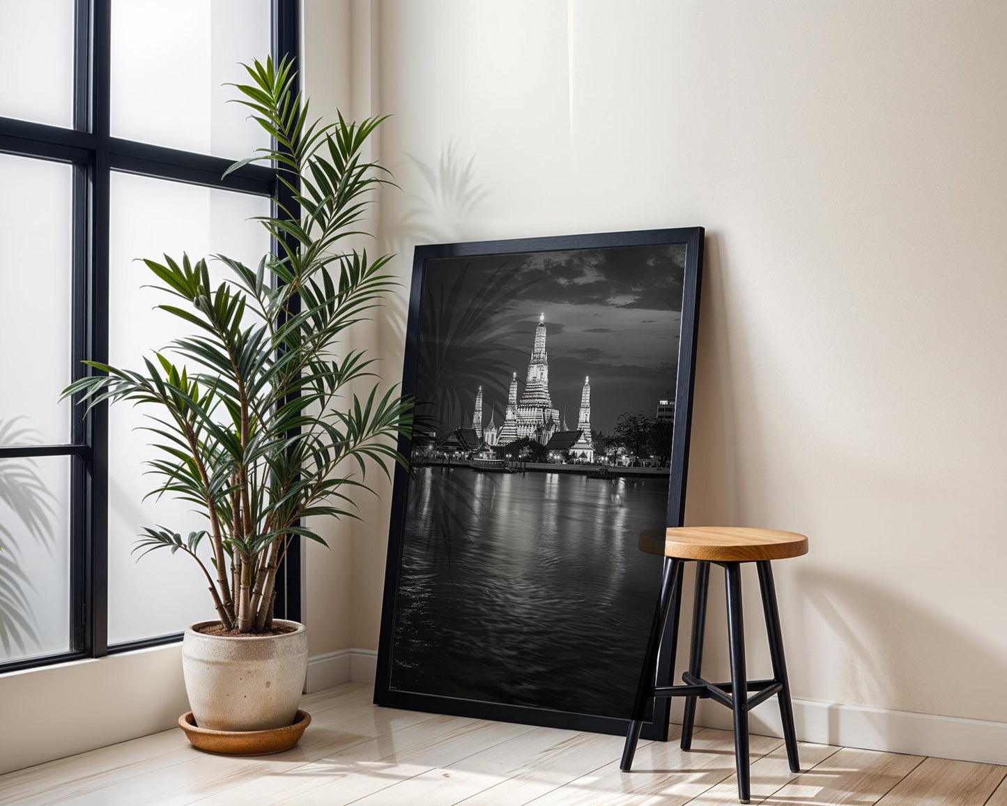 World Landmark | Wat Arun Temple Black and White Print | Bangkok Night Cityscape Wall Art