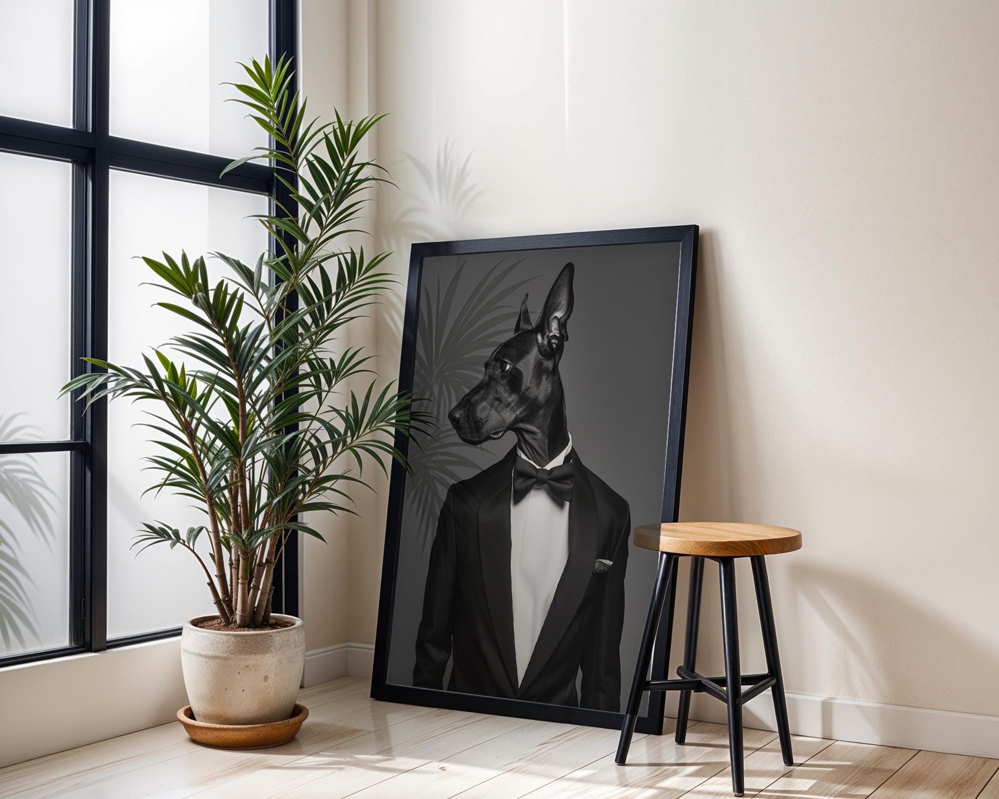 Dog Photography Doberman in Tuxedo Art Print | Minimalist Pet Portrait wall art print, minimalist black and white poster, modern Scandinavian wall decor, Monohaus