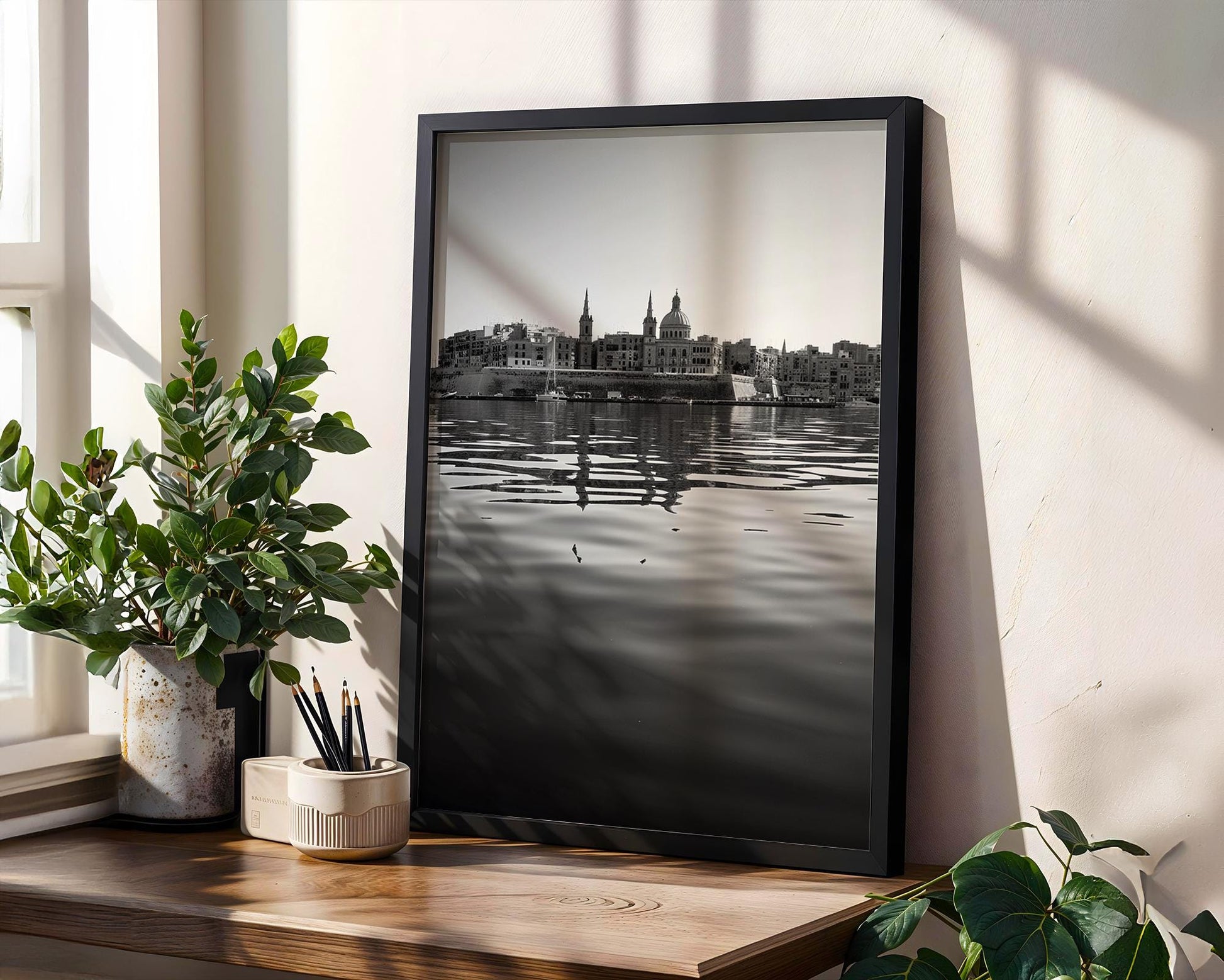 World Landmark | Valletta Malta Print | Black and White Mediterranean Skyline Photography wall art print, minimalist black and white poster, modern Scandinavian wall decor, Monohaus