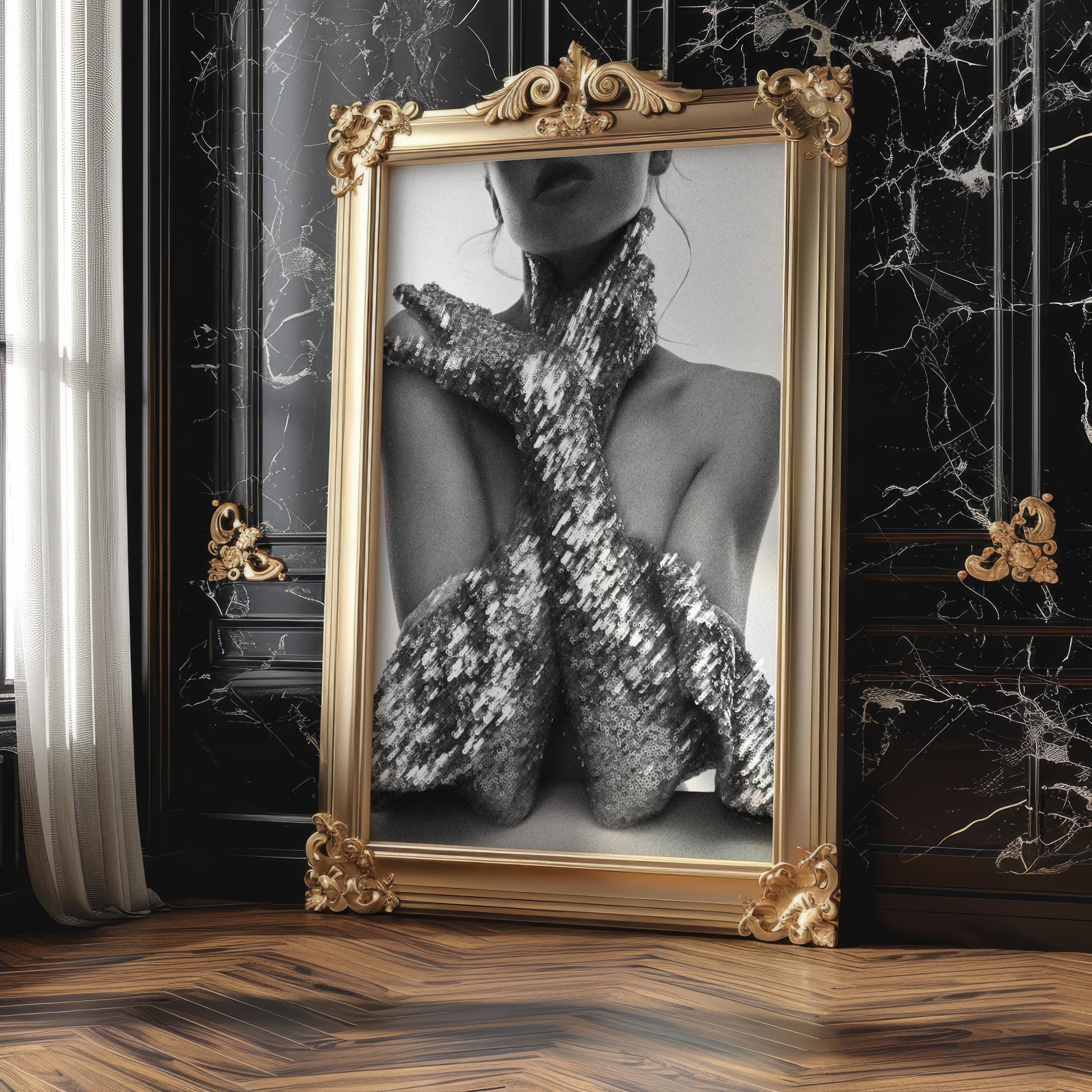 Designer Wall Art | Sequin Gloves Glam Fashion Print | Black and White Bedroom Decor wall art print, minimalist black and white poster, modern Scandinavian wall decor, Monohaus