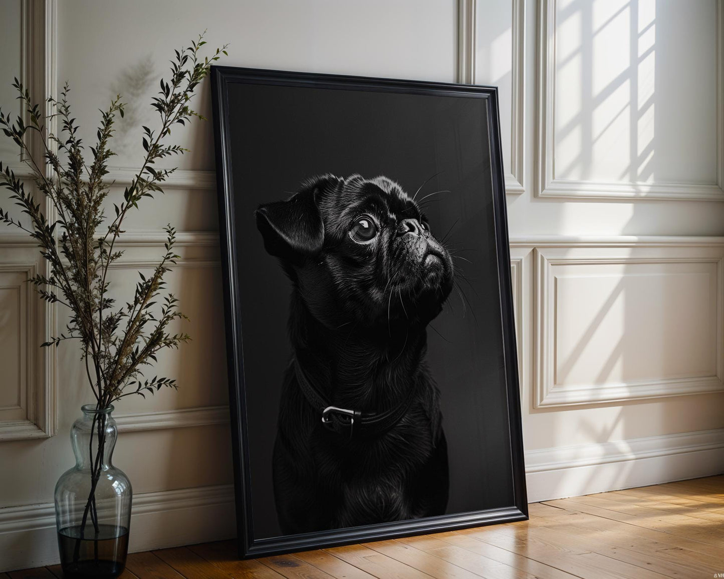 Dog Photography Black Pug Portrait Print | Minimalist Pet Poster wall art print, minimalist black and white poster, modern Scandinavian wall decor, Monohaus