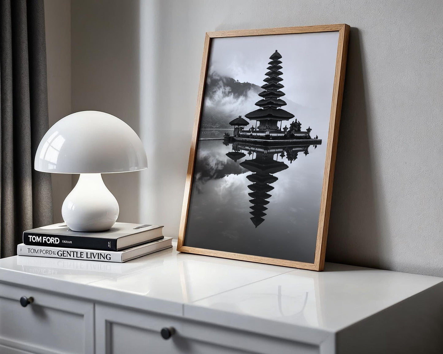 World Landmark | Ulun Danu Temple Print | Bali Lake Reflection, Black and White Asia Art wall art print, minimalist black and white poster, modern Scandinavian wall decor, Monohaus