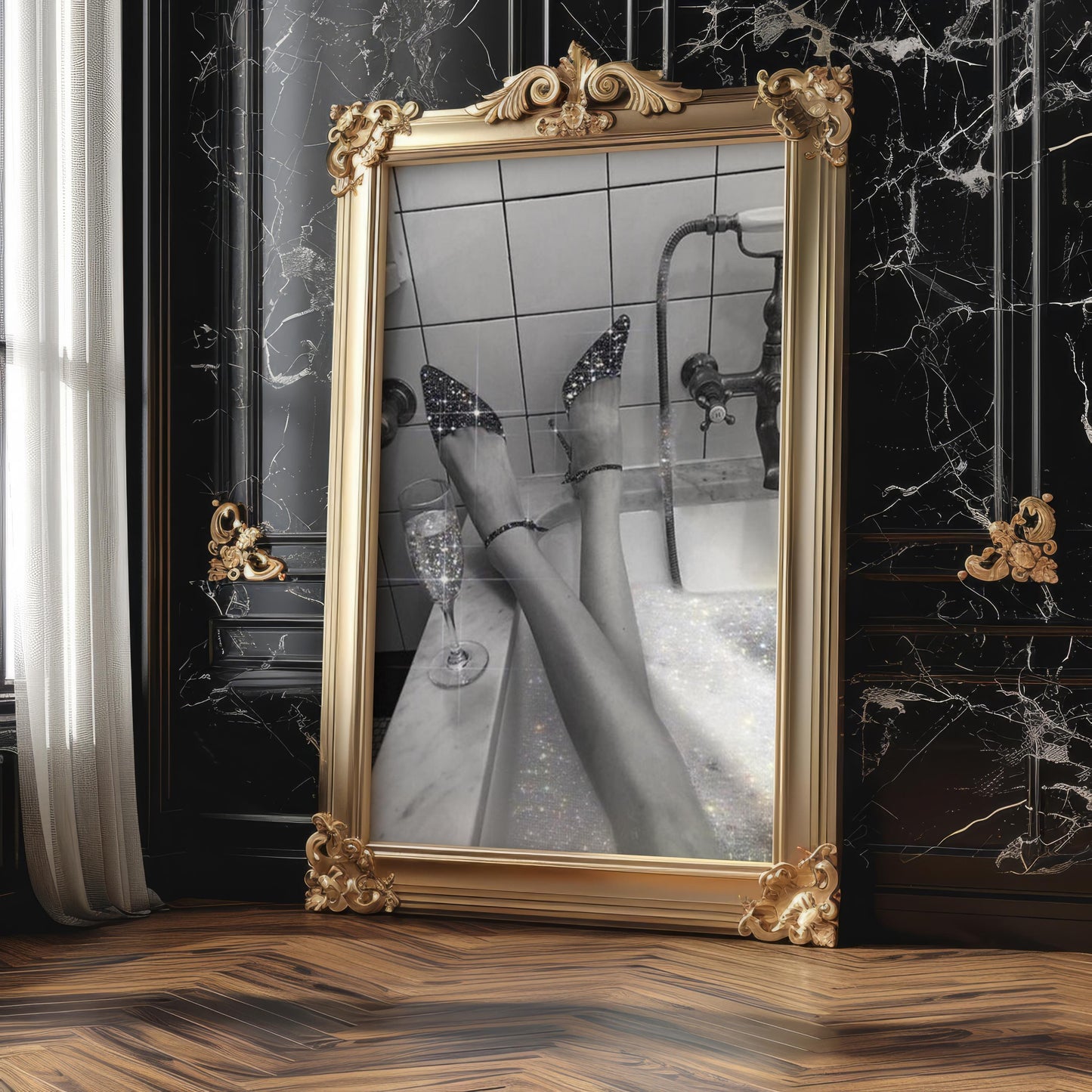 Designer Wall Art | Sparkle Heels Bath Print | Glam Monochrome Photography wall art print, minimalist black and white poster, modern Scandinavian wall decor, Monohaus