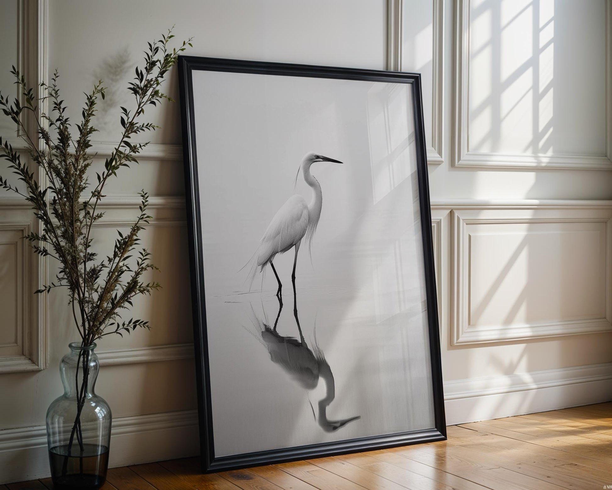 Wildlife Poster | White Heron Fine Art Print | Minimalist Bird Photography wall art print, minimalist black and white poster, modern Scandinavian wall decor, Monohaus