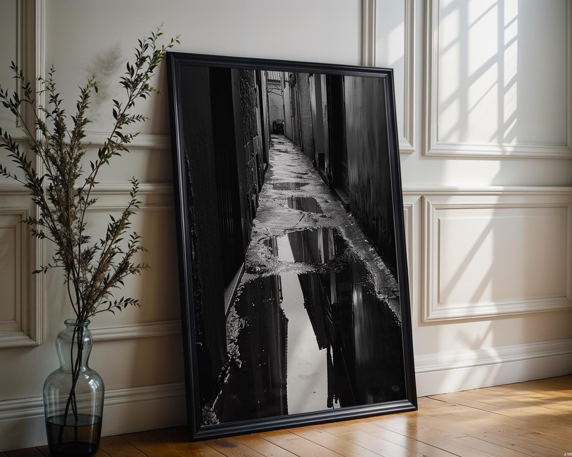 Dark Alley Photography Print | Black and White Urban Reflection black and white photo print, minimalist monochrome wall art poster for modern interiors, Monohaus