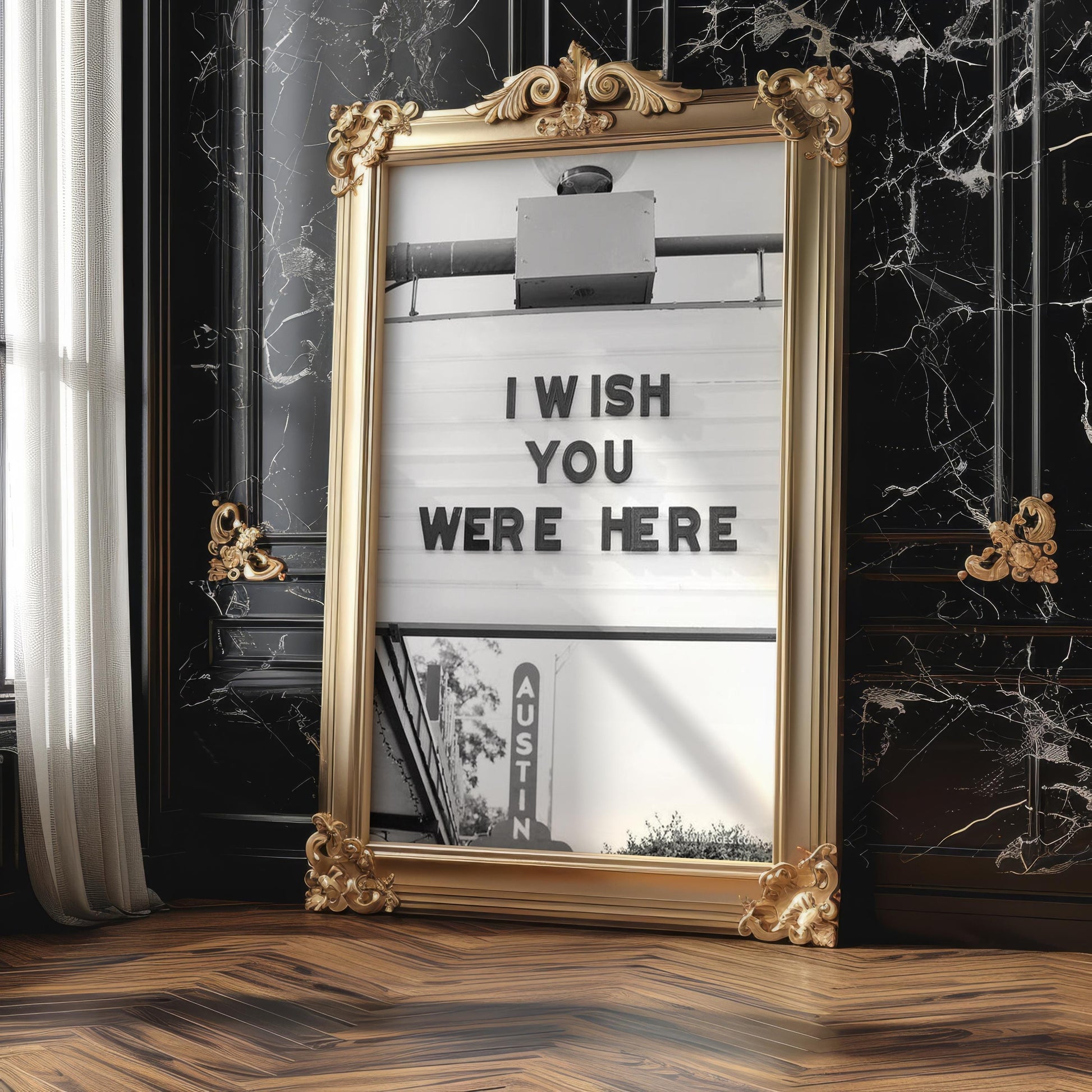 Designer Wall Art | I Wish You Were Here Print | Austin Texas Marquee Sign Art wall art print, minimalist black and white poster, modern Scandinavian wall decor, Monohaus