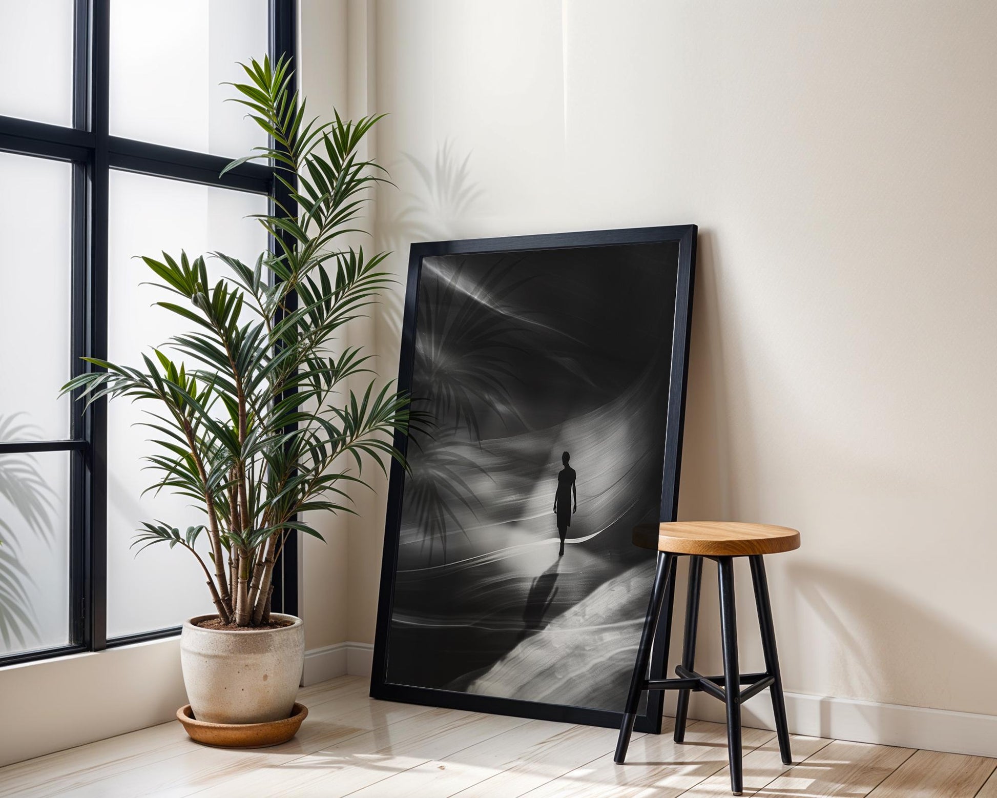 Minimal Wall Art Walking in Light and Shadow | Black and White Photography wall art print, minimalist black and white poster, modern Scandinavian wall decor, Monohaus