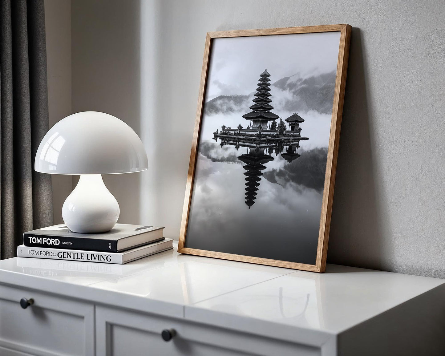 World Landmark | Ulun Danu Temple Bali Print | Black and White Asian Photography wall art print, minimalist black and white poster, modern Scandinavian wall decor, Monohaus