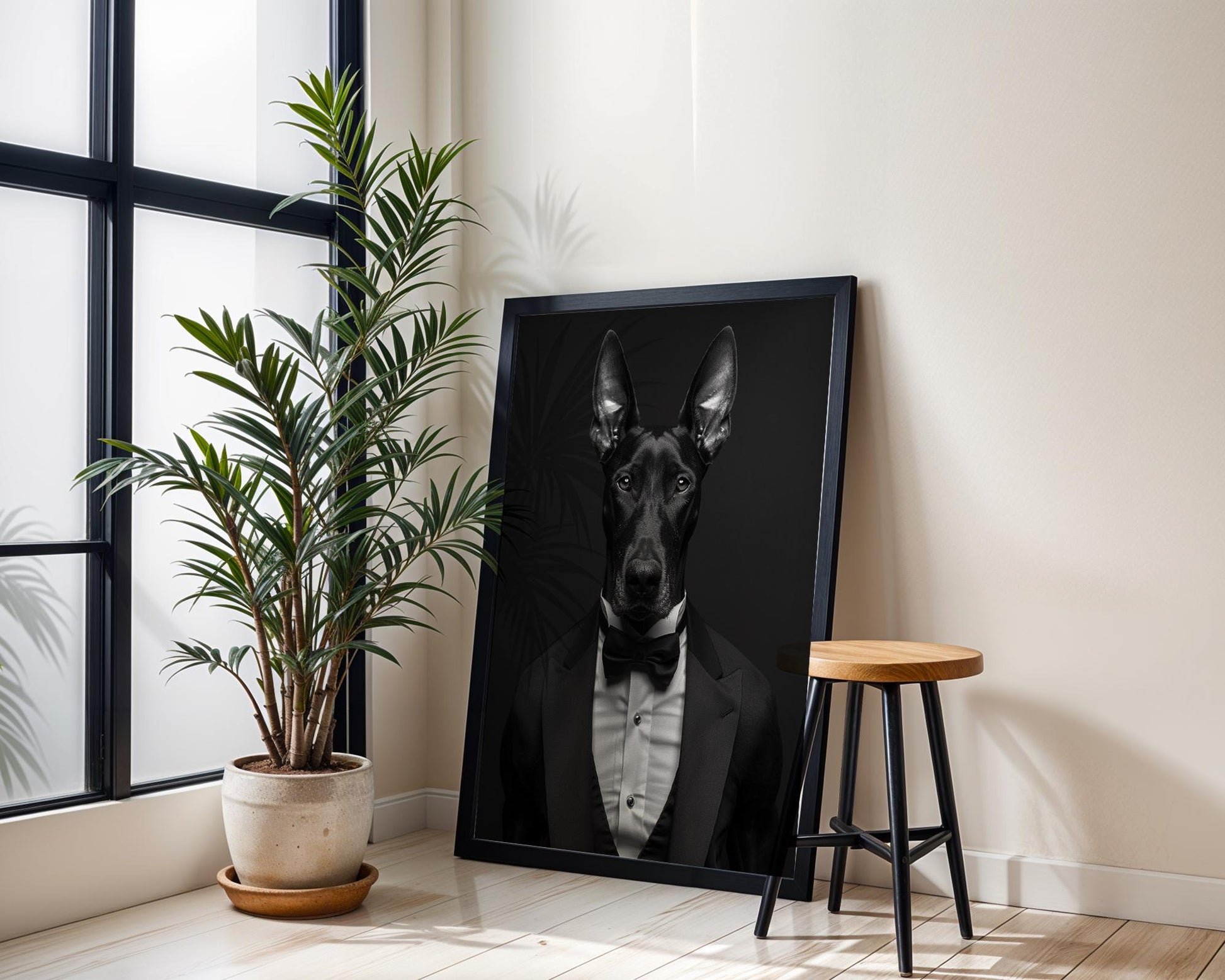 Dog Photography Doberman Tuxedo Print | Whimsical Black Tie Pet Portrait wall art print, minimalist black and white poster, modern Scandinavian wall decor, Monohaus