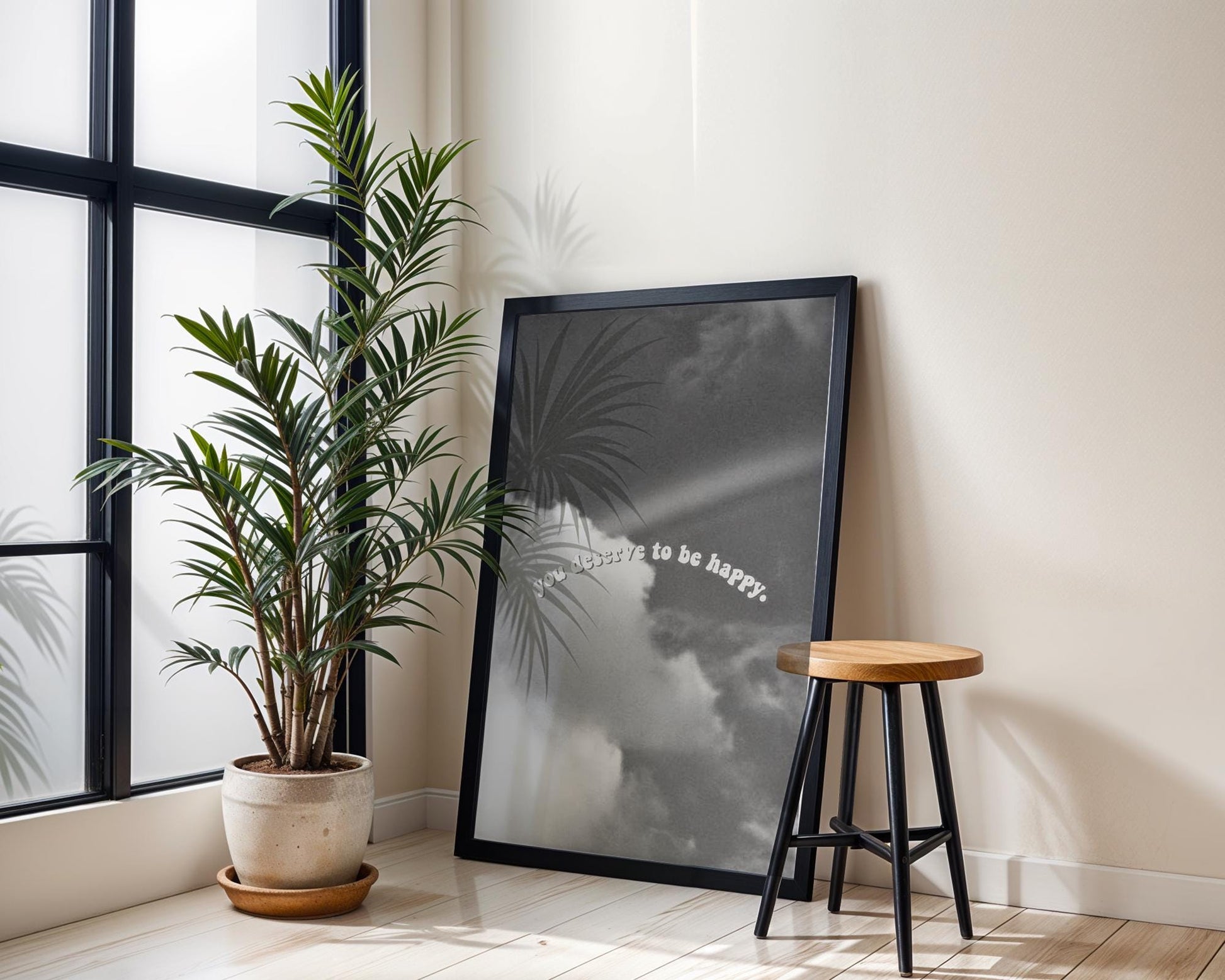 Designer Wall Art | You Deserve To Be Happy Sky Print | Minimalist Home Decor wall art print, minimalist black and white poster, modern Scandinavian wall decor, Monohaus