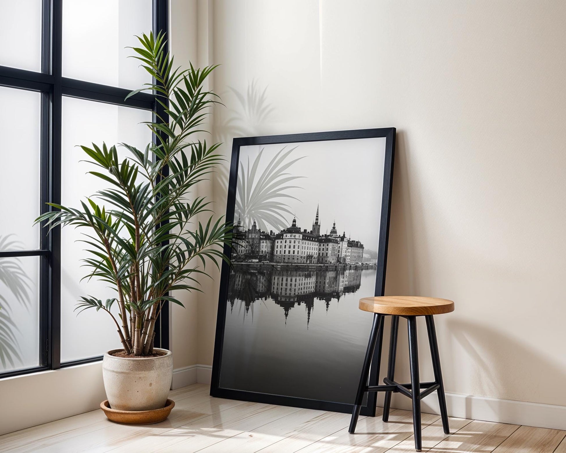 World Landmark | Stockholm Photography Print | Gamla Stan Waterfront, Scandinavian Art wall art print, minimalist black and white poster, modern Scandinavian wall decor, Monohaus