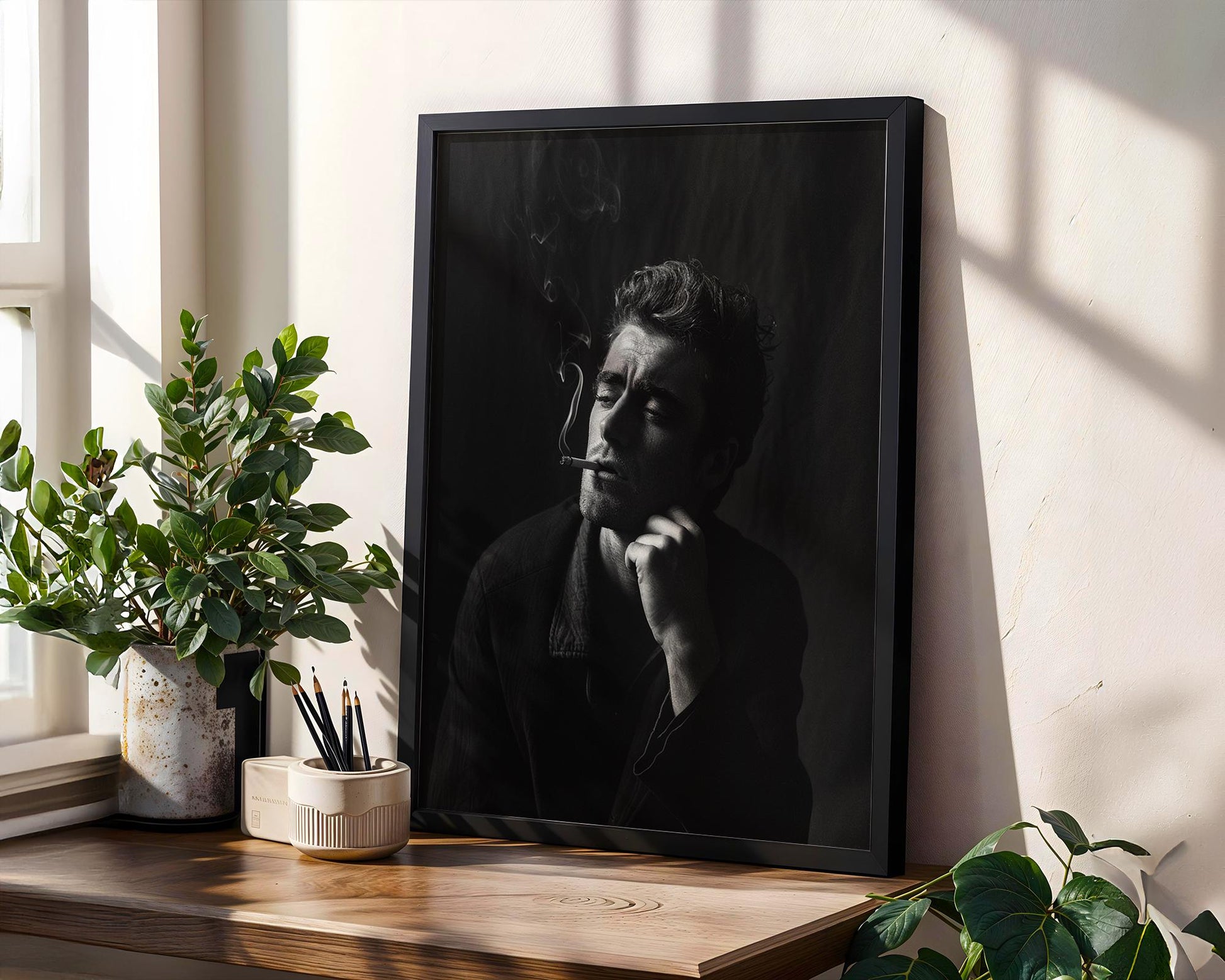Minimal Wall Art Black & White Smoking Man Portrait | Classic Film Noir Photography Print wall art print, minimalist black and white poster, modern Scandinavian wall decor, Monohaus