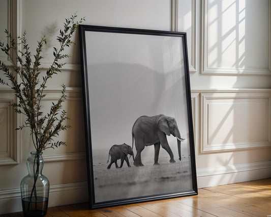 Wildlife Poster | Elephant Calf Art Print • Black & White Safari Photography wall art print, minimalist black and white poster, modern Scandinavian wall decor, Monohaus