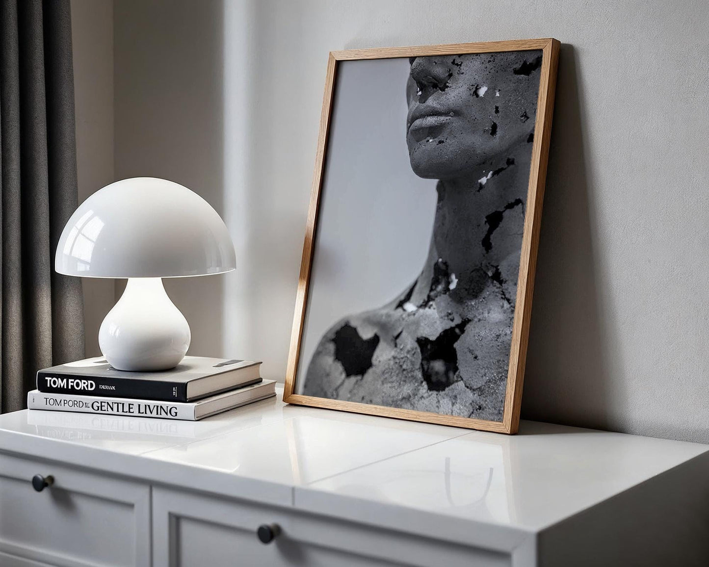 Designer Wall Art | Cracked Face Sculpture Print | Dark Gothic Modern Art wall art print, minimalist black and white poster, modern Scandinavian wall decor, Monohaus