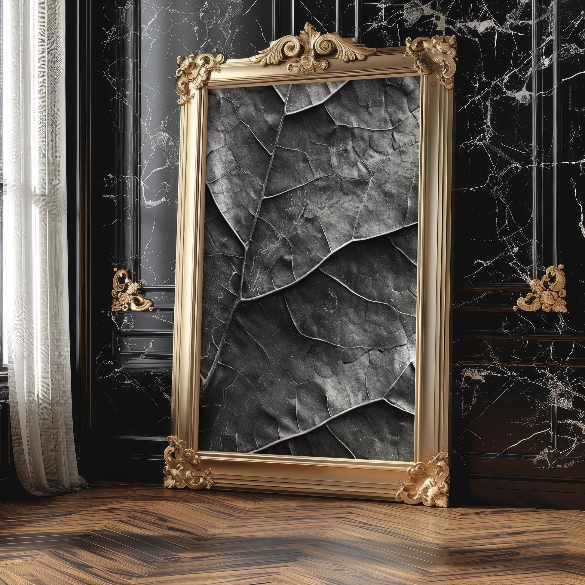 Botanical Photo | Dark  Leaf Print | Moody Macro Veins Photography wall art print, minimalist black and white poster, modern Scandinavian wall decor, Monohaus