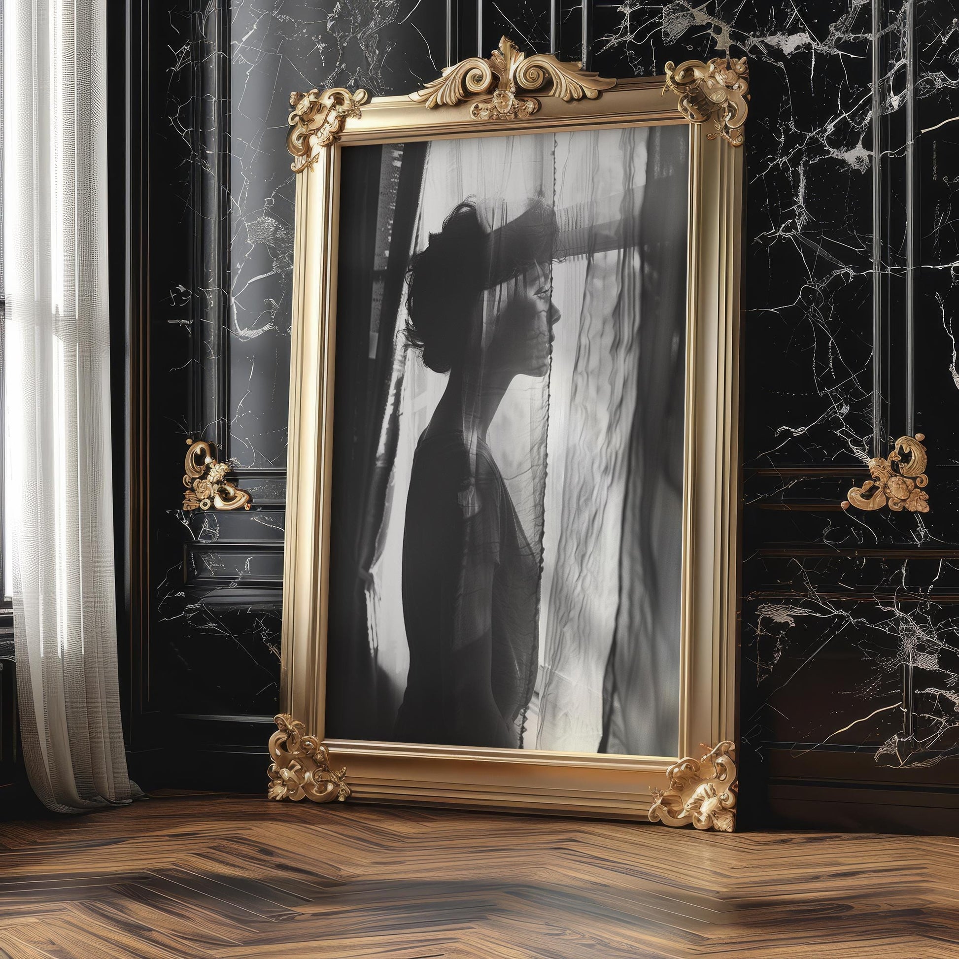 Sheer Curtain Portrait Print | Moody Black and White, Vintage Wall Art wall art print, minimalist black and white poster, modern Scandinavian wall decor, Monohaus