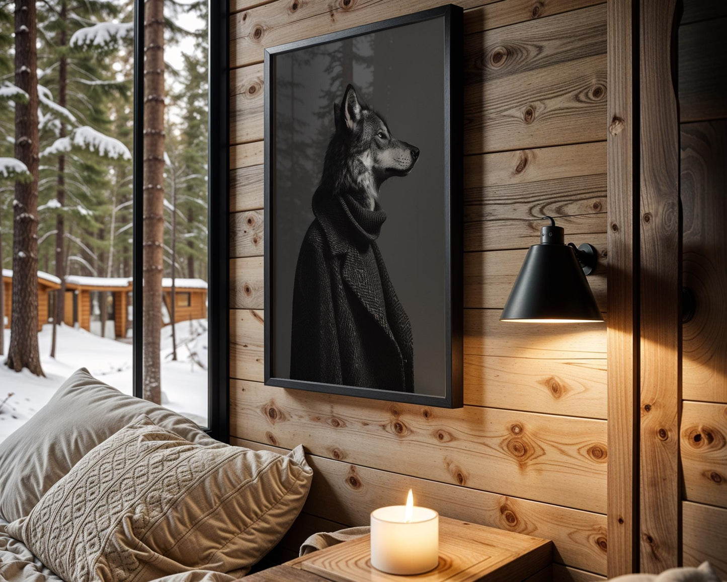 Designer Wall Art | Wolf in Turtleneck Print | Luxury Noir Animal Portrait wall art print, minimalist black and white poster, modern Scandinavian wall decor, Monohaus