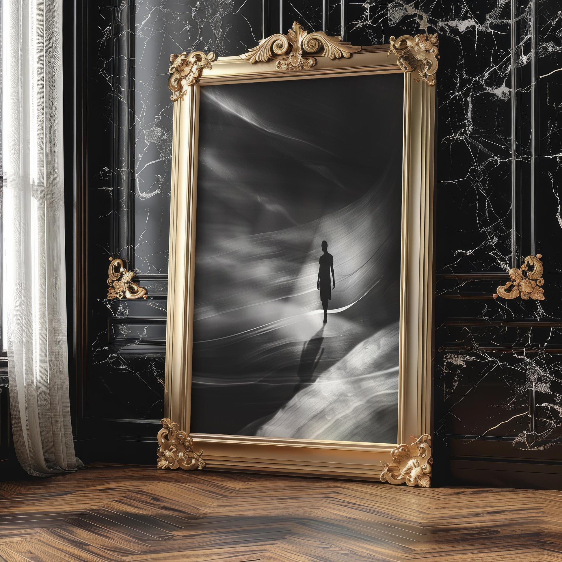 Minimal Wall Art Walking in Light and Shadow | Black and White Photography wall art print, minimalist black and white poster, modern Scandinavian wall decor, Monohaus