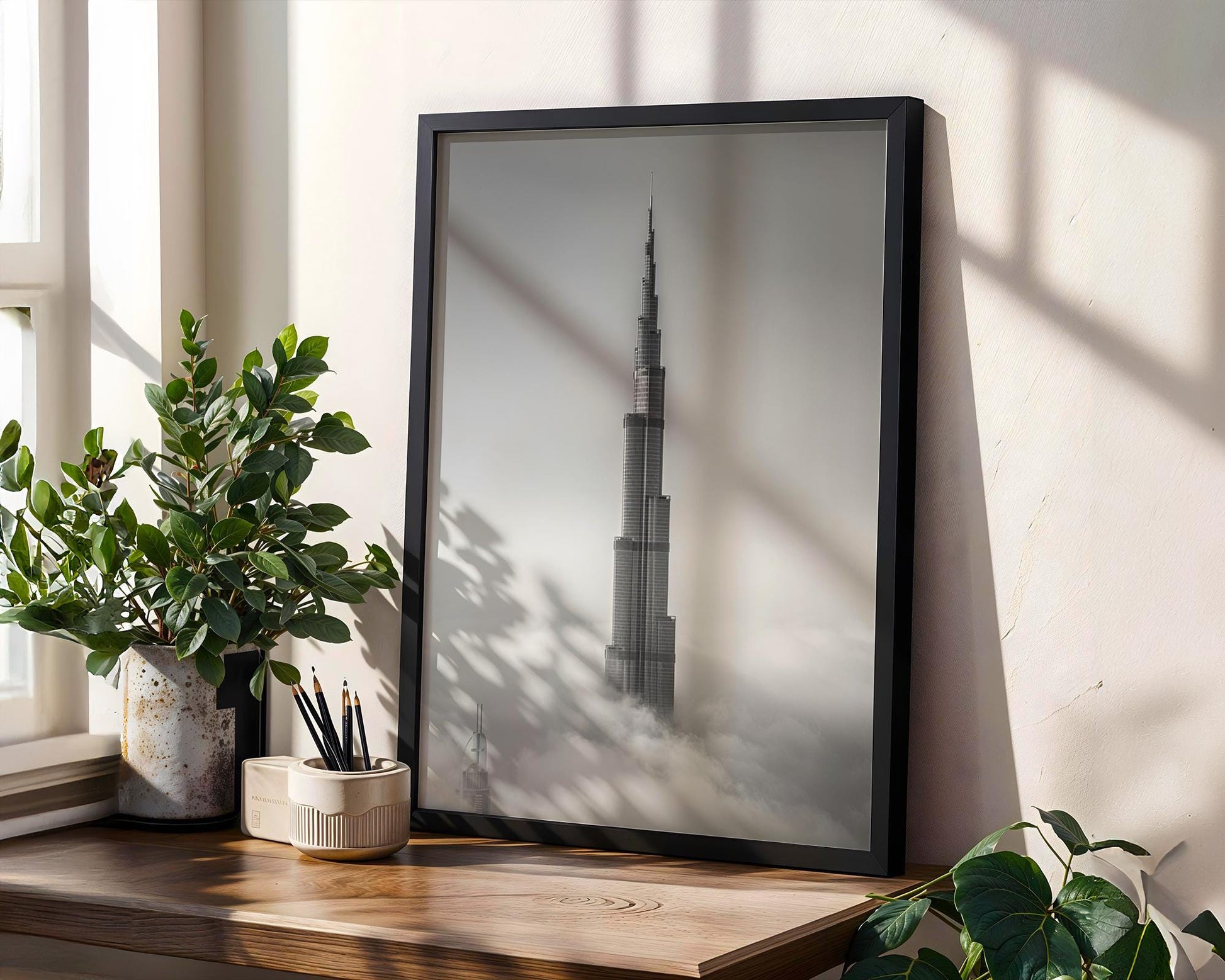 World Landmark | Burj Khalifa Print | Black and White Dubai Skyline Photography wall art print, minimalist black and white poster, modern Scandinavian wall decor, Monohaus