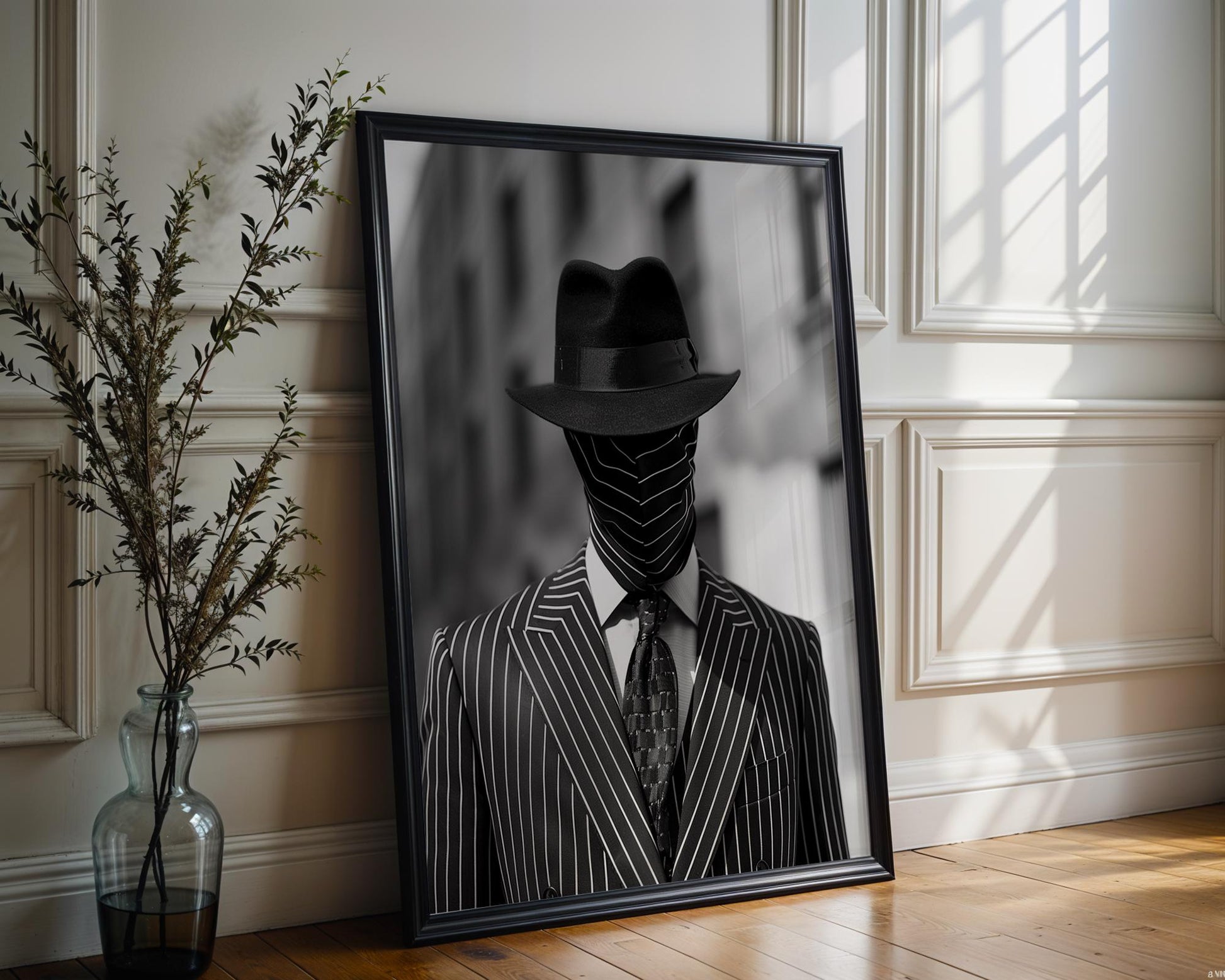 Minimal Wall Art Pinstripe Suit Man Portrait Black and White | Film Noir wall art print, minimalist black and white poster, modern Scandinavian wall decor, Monohaus