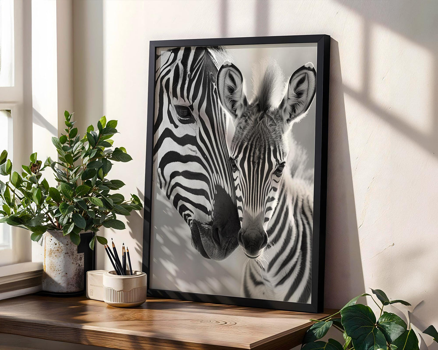 Wildlife Poster | Mother and Baby Zebra Print • Black & White Safari Animal Photography wall art print, minimalist black and white poster, modern Scandinavian wall decor, Monohaus