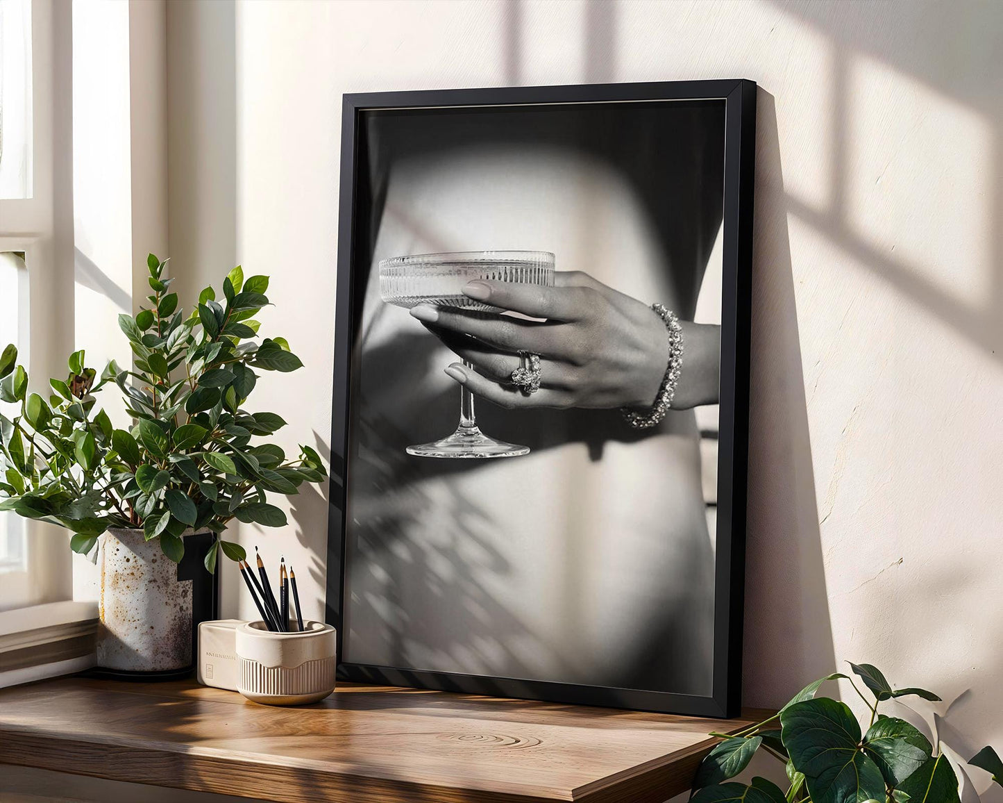 Designer Wall Art | Champagne Coupe Print | Glamour Jewelry, Black and White Photography wall art print, minimalist black and white poster, modern Scandinavian wall decor, Monohaus