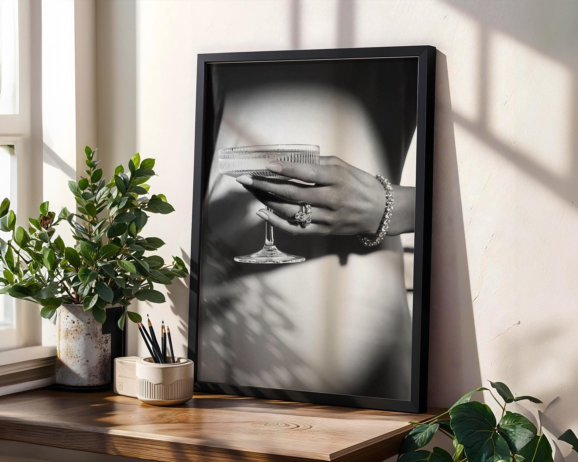 Designer Wall Art | Champagne Coupe Print | Glamour Jewelry, Black and White Photography wall art print, minimalist black and white poster, modern Scandinavian wall decor, Monohaus