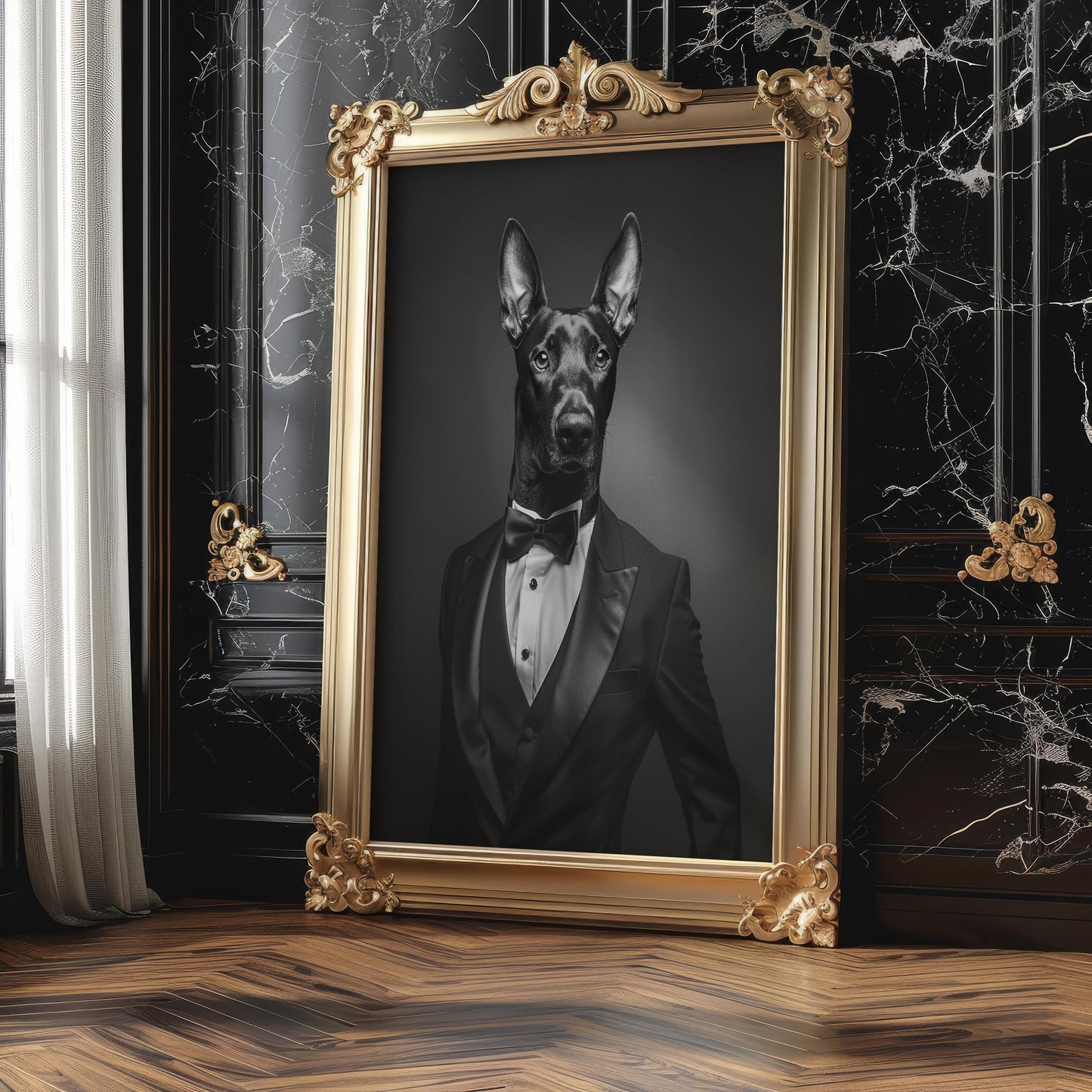 Dog Photography Doberman in Tuxedo Print | Modern Pet Portrait, Black Tie wall art print, minimalist black and white poster, modern Scandinavian wall decor, Monohaus