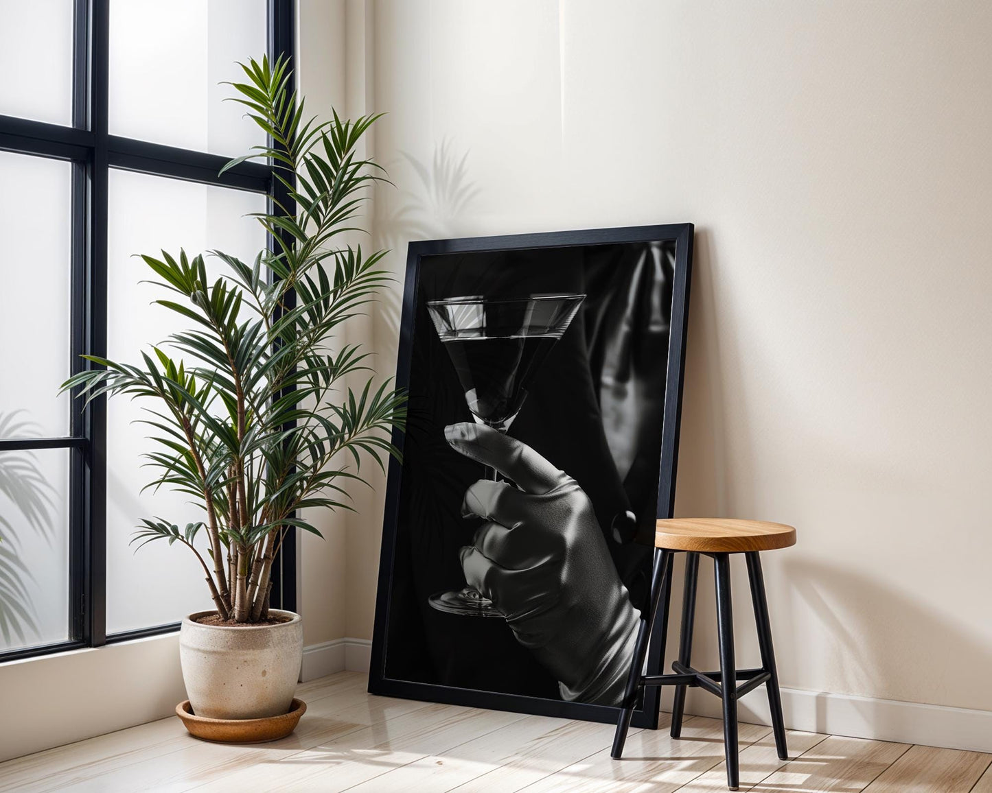 Urban Photography | Martini in Glove Art Print | Elegant Bar Photography black and white photo print, minimalist monochrome wall art poster for modern interiors, Monohaus