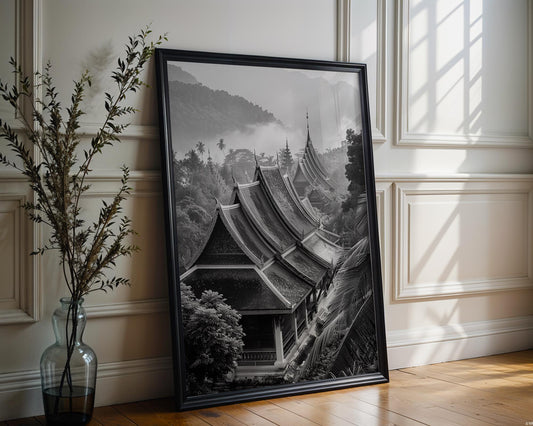 World Landmark | Laos Temple Print | Luang Prabang Black and White Photography wall art print, minimalist black and white poster, modern Scandinavian wall decor, Monohaus