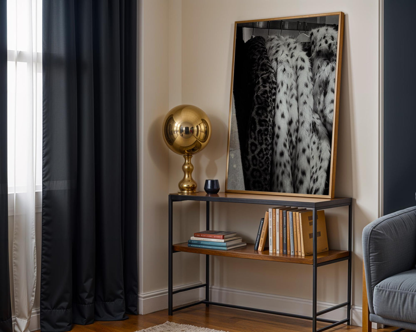 Designer Wall Art | Leopard Print Faux Fur Coat Poster | Black and White Glam wall art print, minimalist black and white poster, modern Scandinavian wall decor, Monohaus