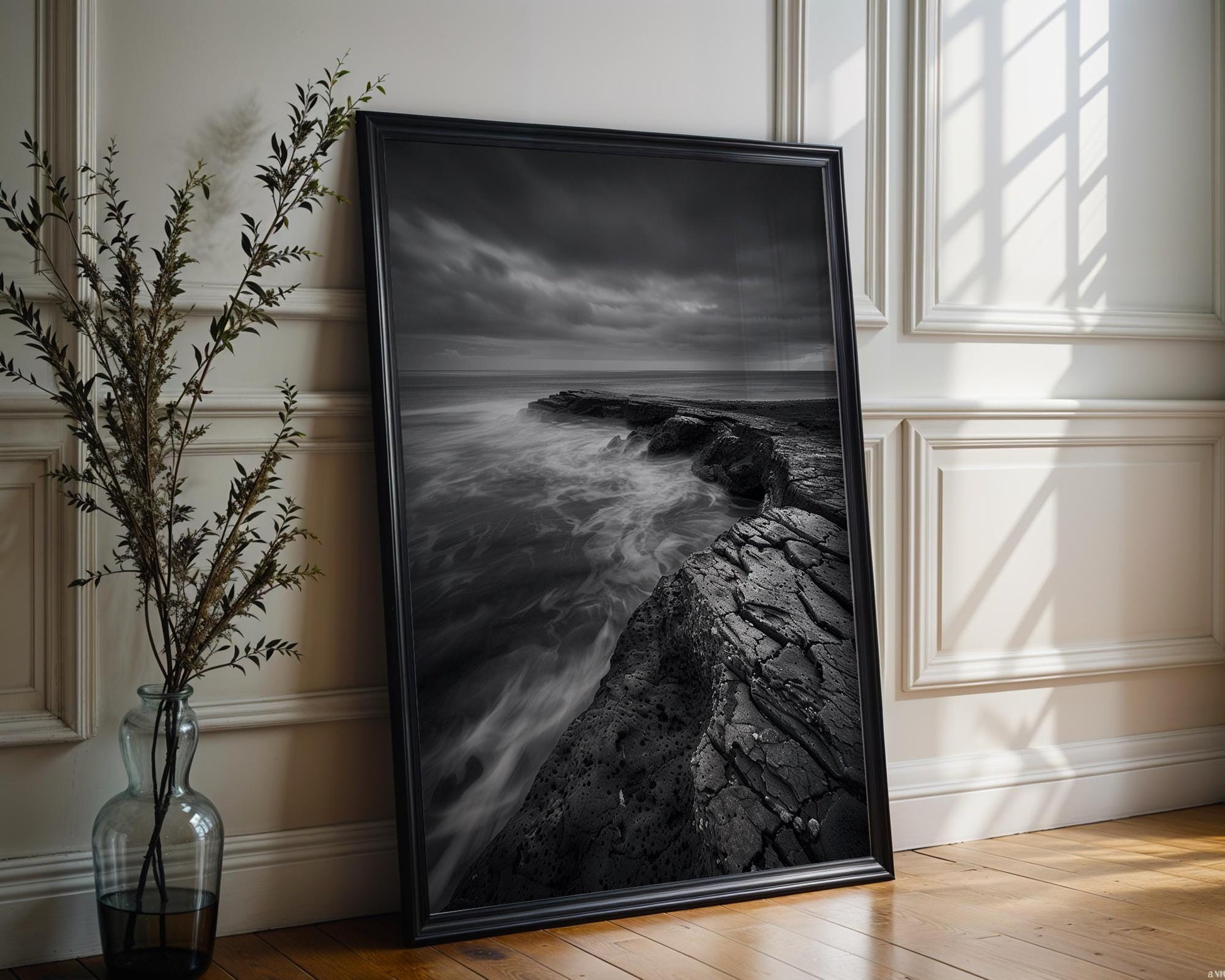 World Landmark | Iceland Basalt Coast Print | Monochrome Nordic Seascape Art wall art print, minimalist black and white poster, modern Scandinavian wall decor, Monohaus