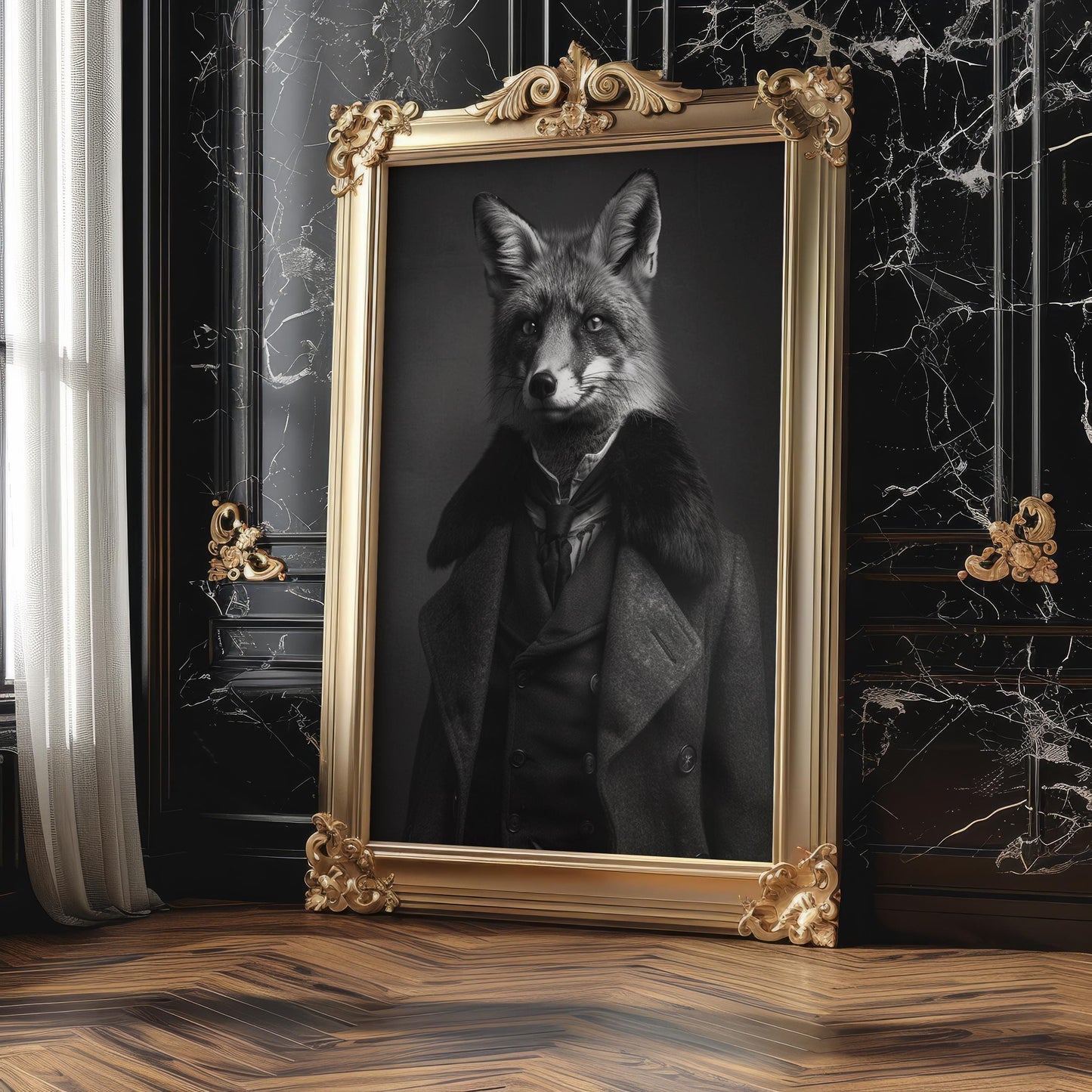 Designer Wall Art | Fox in Suit | Black and White Anthropomorphic Animal Portrait wall art print, minimalist black and white poster, modern Scandinavian wall decor, Monohaus