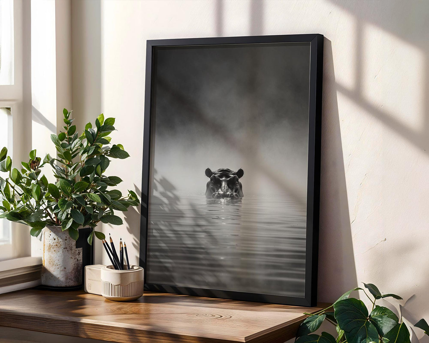 Wildlife Poster | Hippo in Mist Art Print | Minimalist Black & White Photography wall art print, minimalist black and white poster, modern Scandinavian wall decor, Monohaus