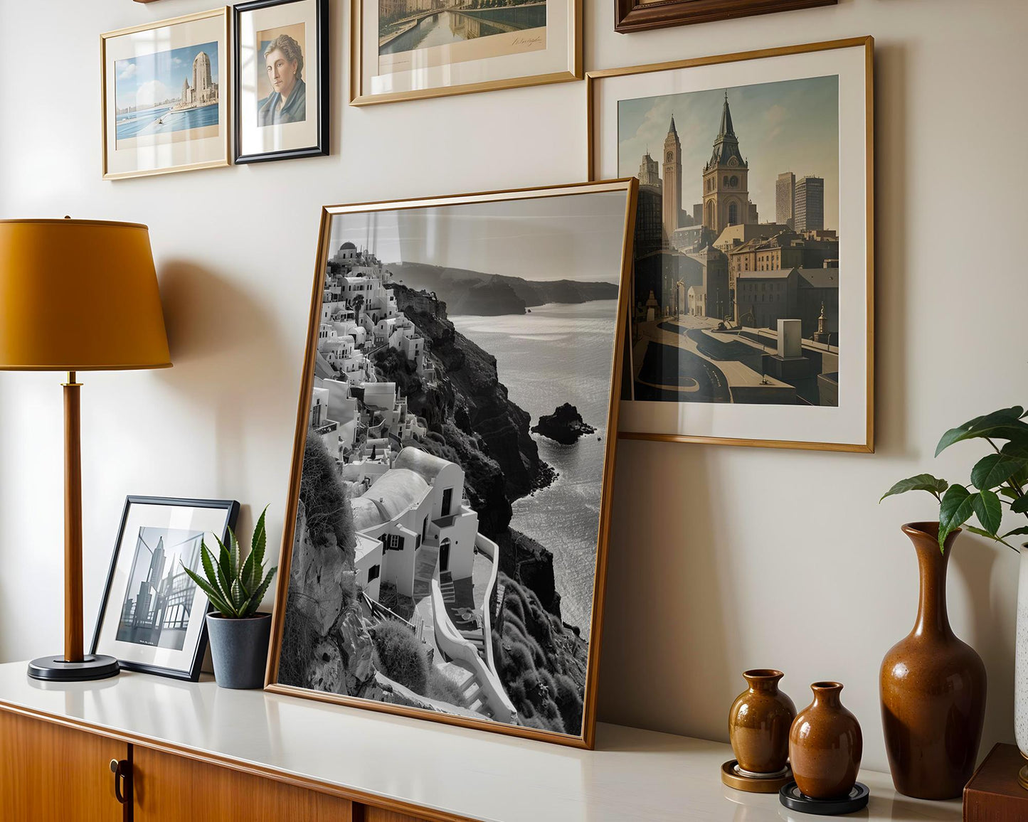 World Landmark | Santorini Greece Print | Black and White Cliffside Architecture wall art print, black and white architectural poster, minimalist modern Scandinavian wall decor, Monohaus